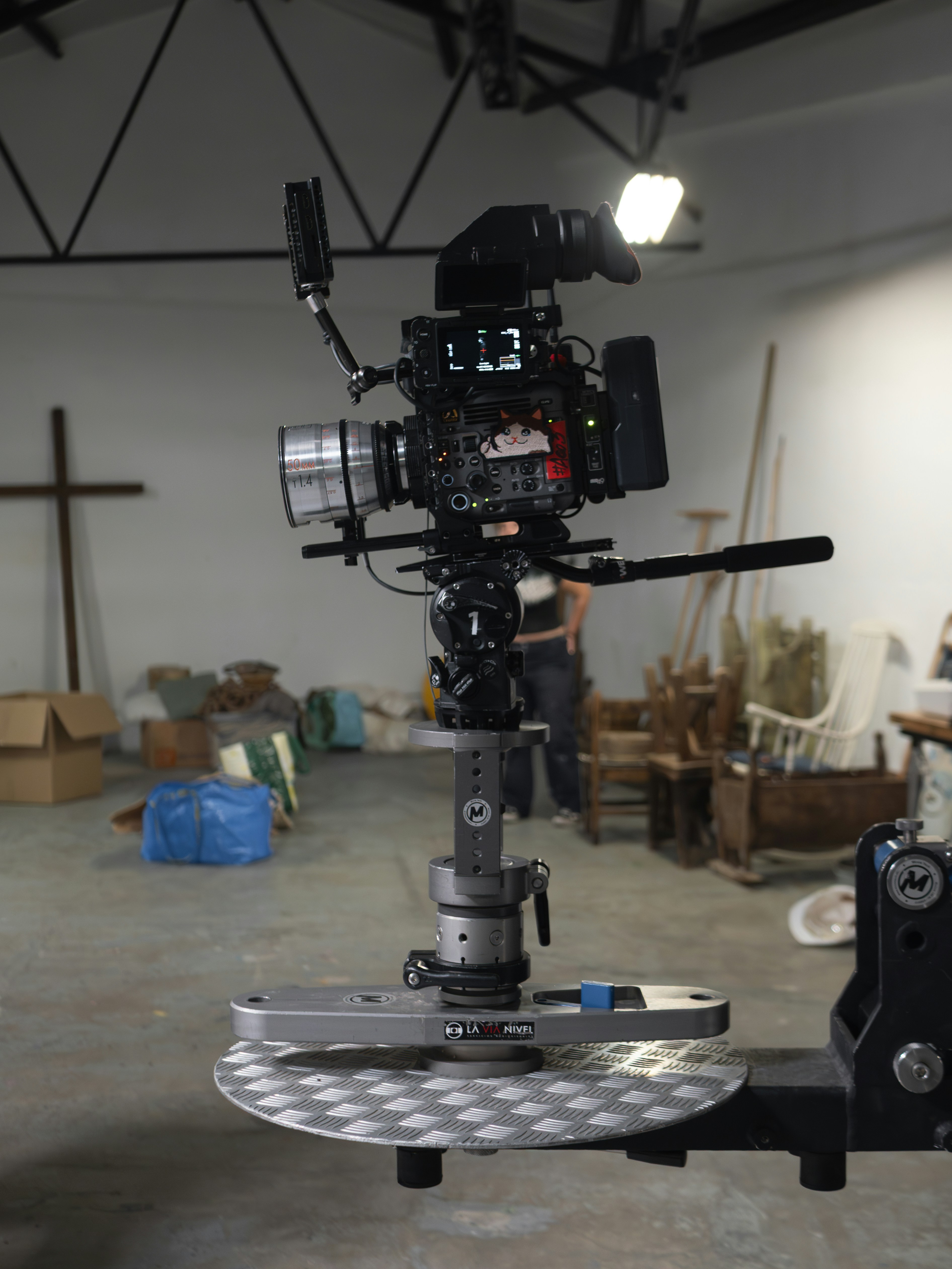 Professional cinema camera rig on a gimbal stabilizer.