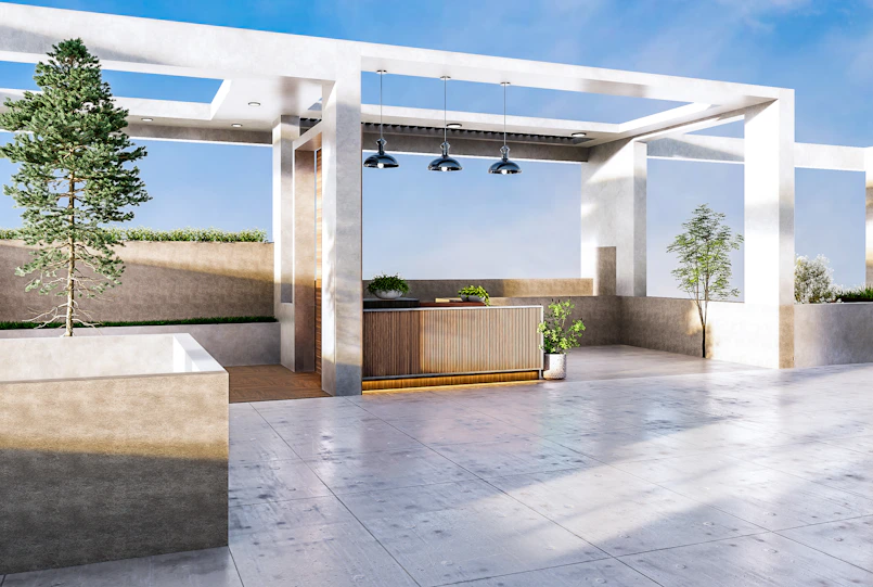 Moderna area lounge esterna con bar e piante