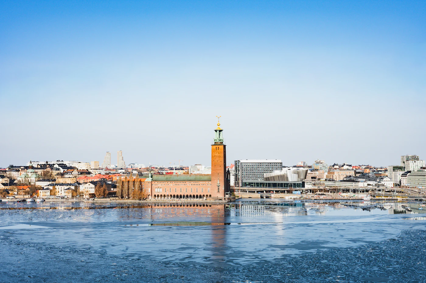 Stockholm skyline and brick City Hall across the water