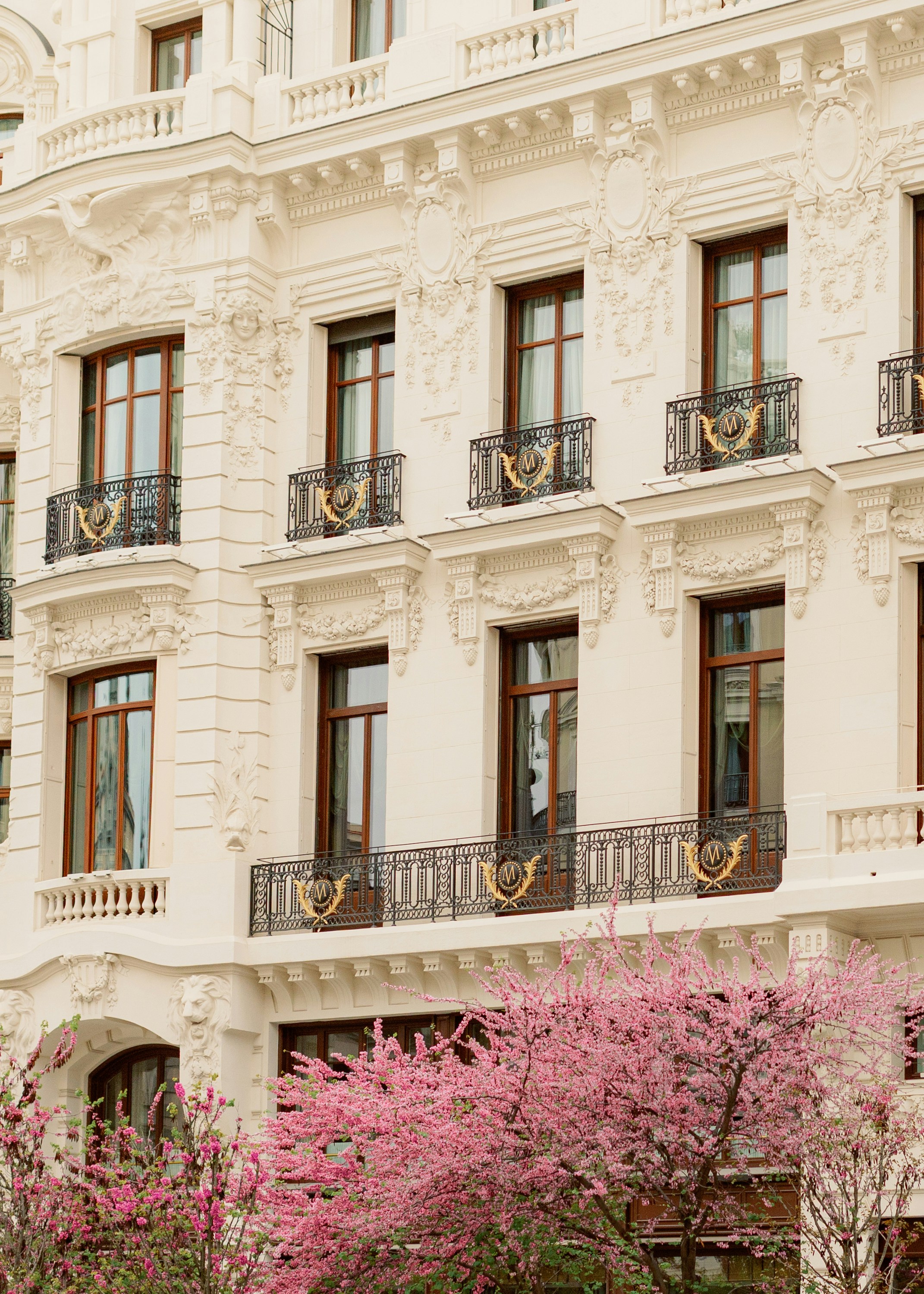 Façade ornée de bâtiment avec des arbres roses en fleurs