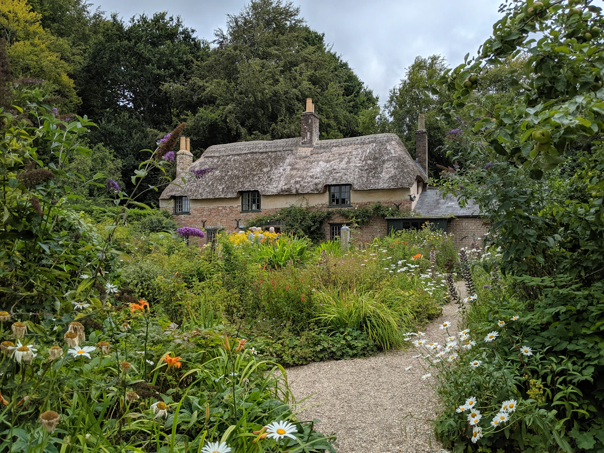 A thatched cottage surrounded by a lush, well-tended garden
