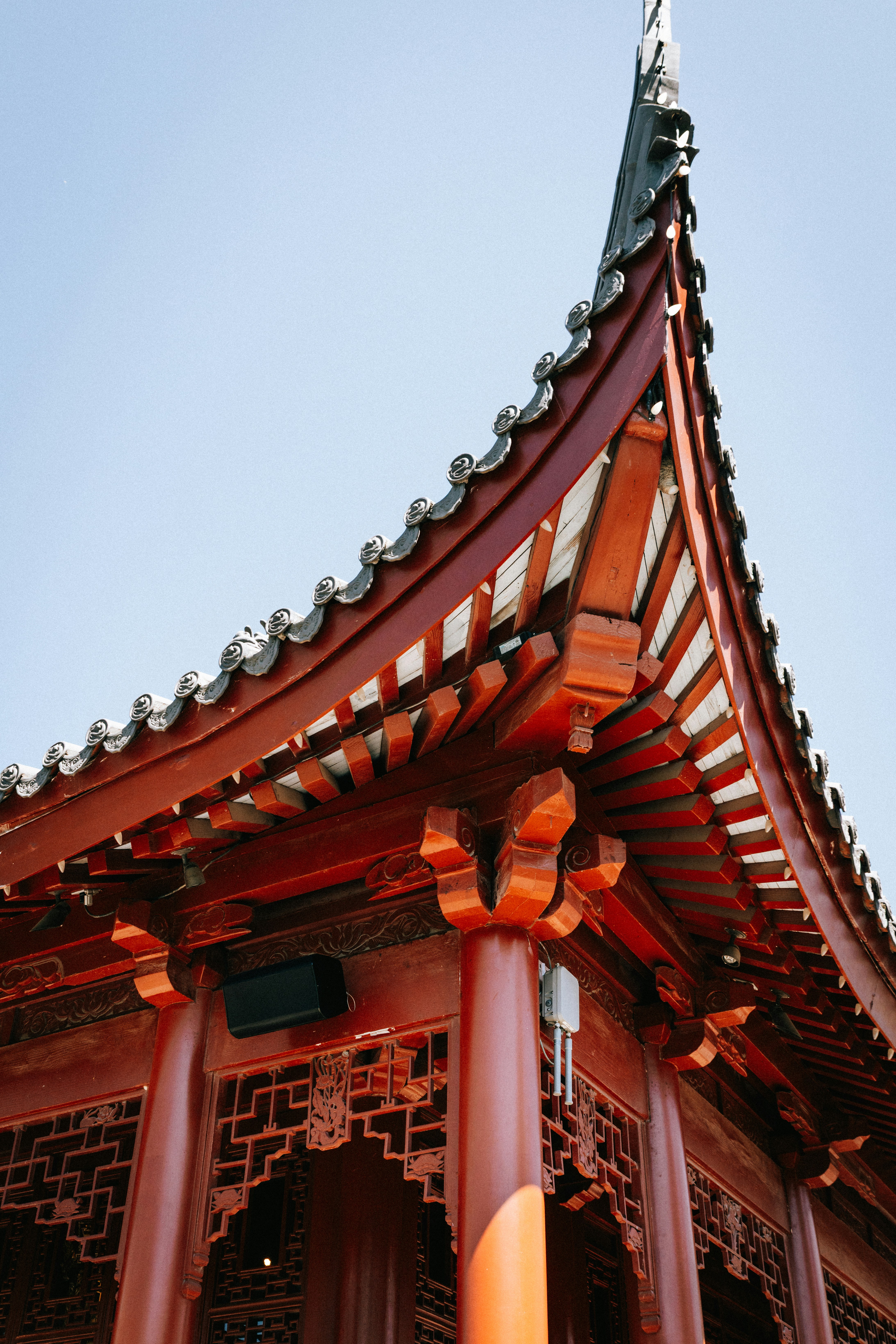 Traditional chinese temple roof against a clear blue sky