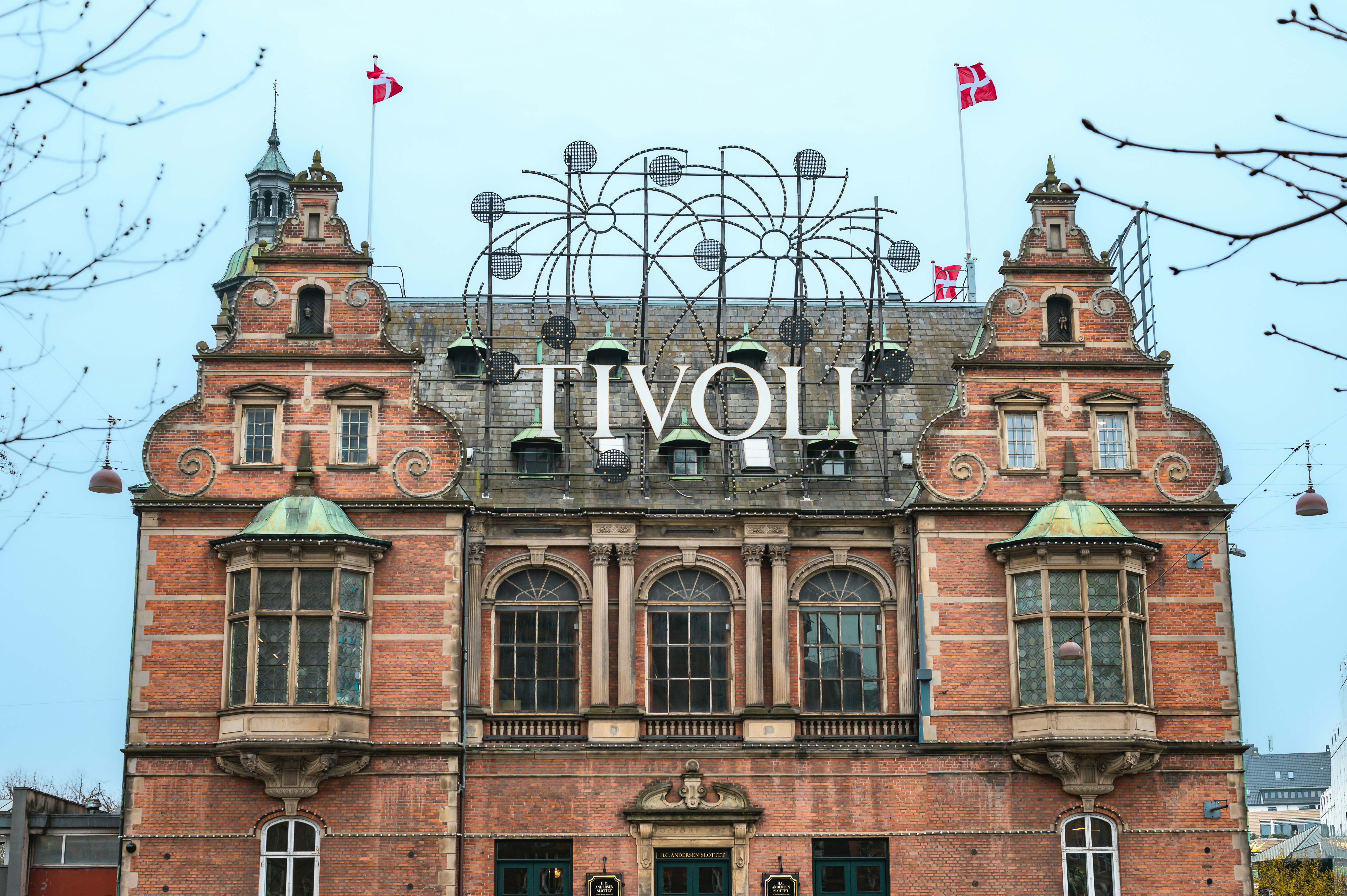 Tivoli building with danish flags on roof