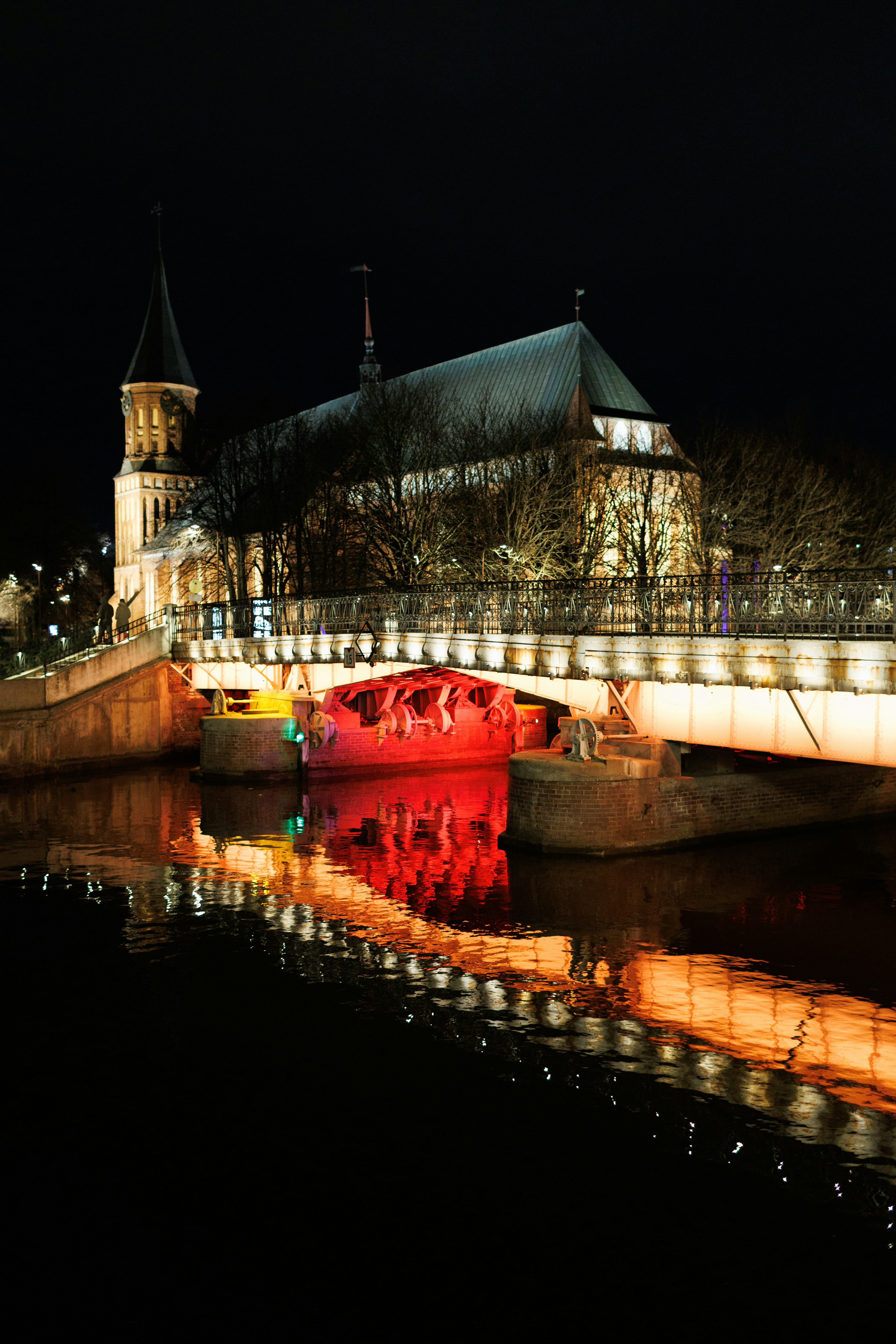 Historic cathedral illuminated at night with river reflections
