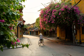Person cycles down a street lined with flowers.