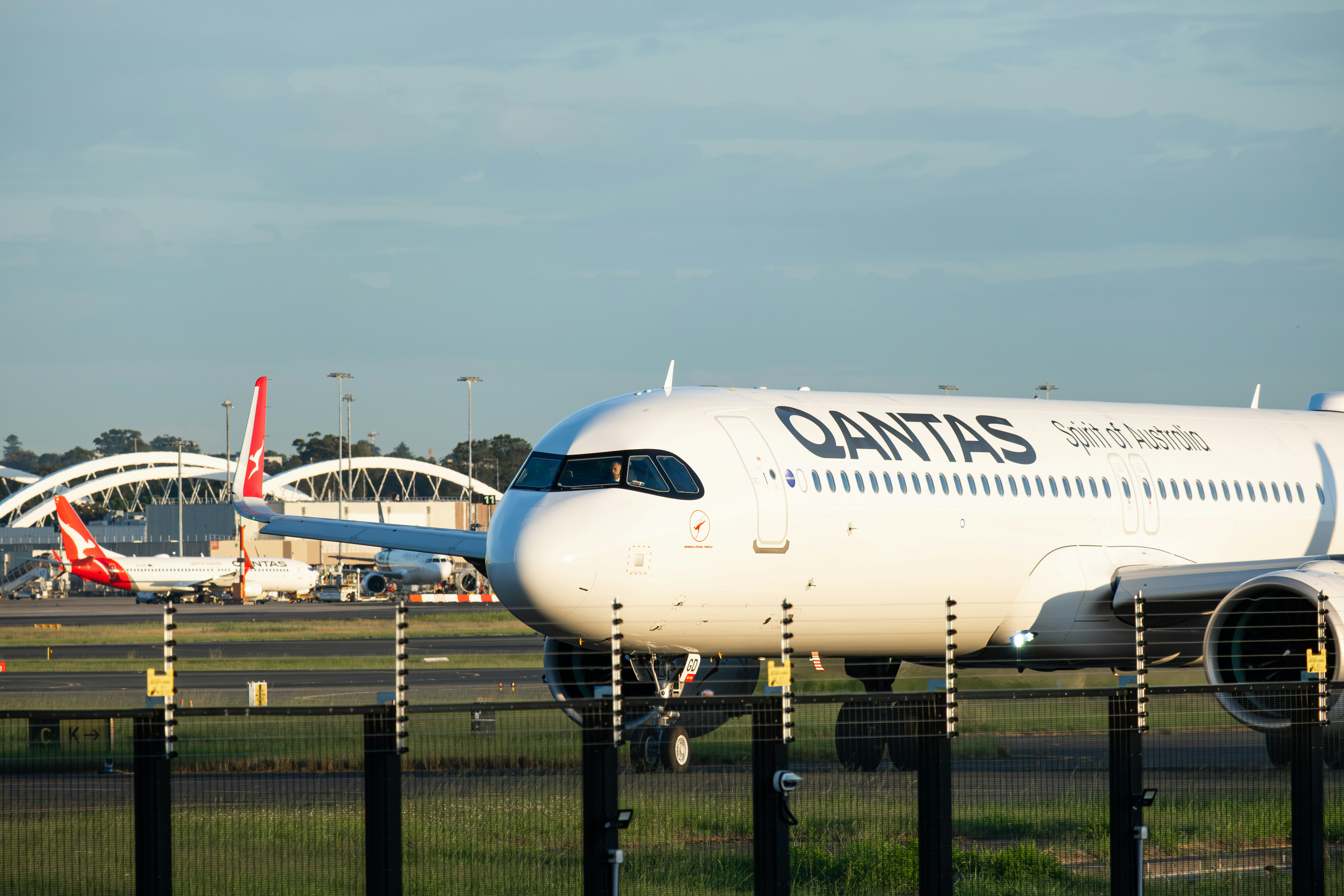 A qantas airplane on the tarmac at sunset.