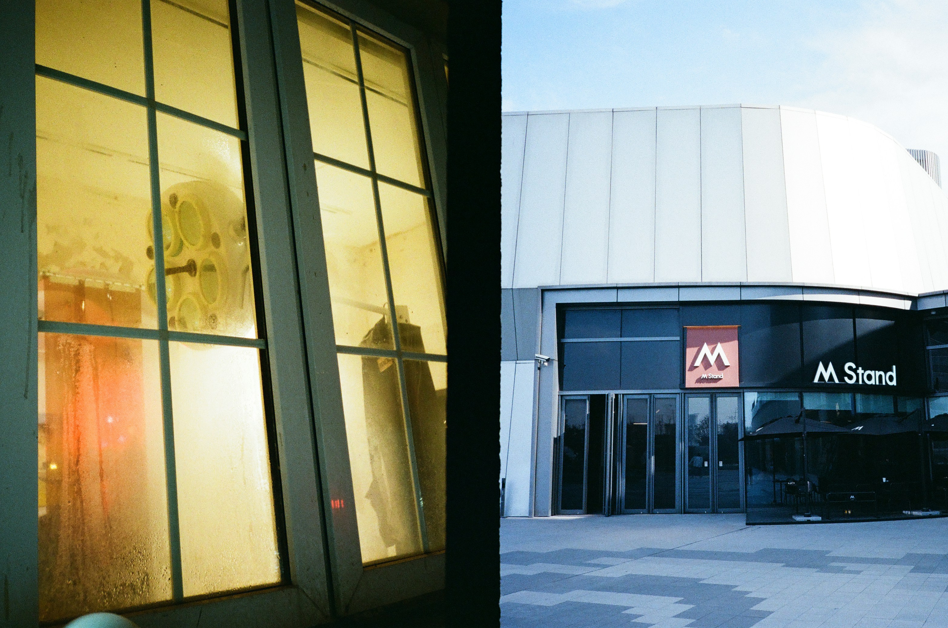 Two different scenes, one interior, one exterior building exterior.