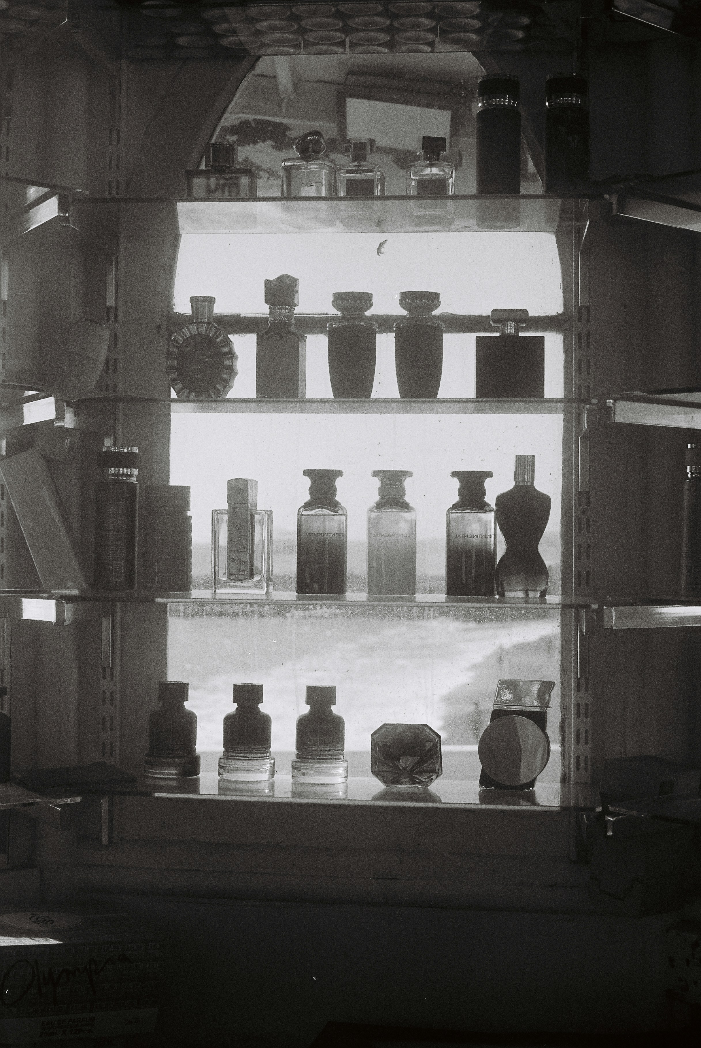 Collection of perfume bottles on shelves
