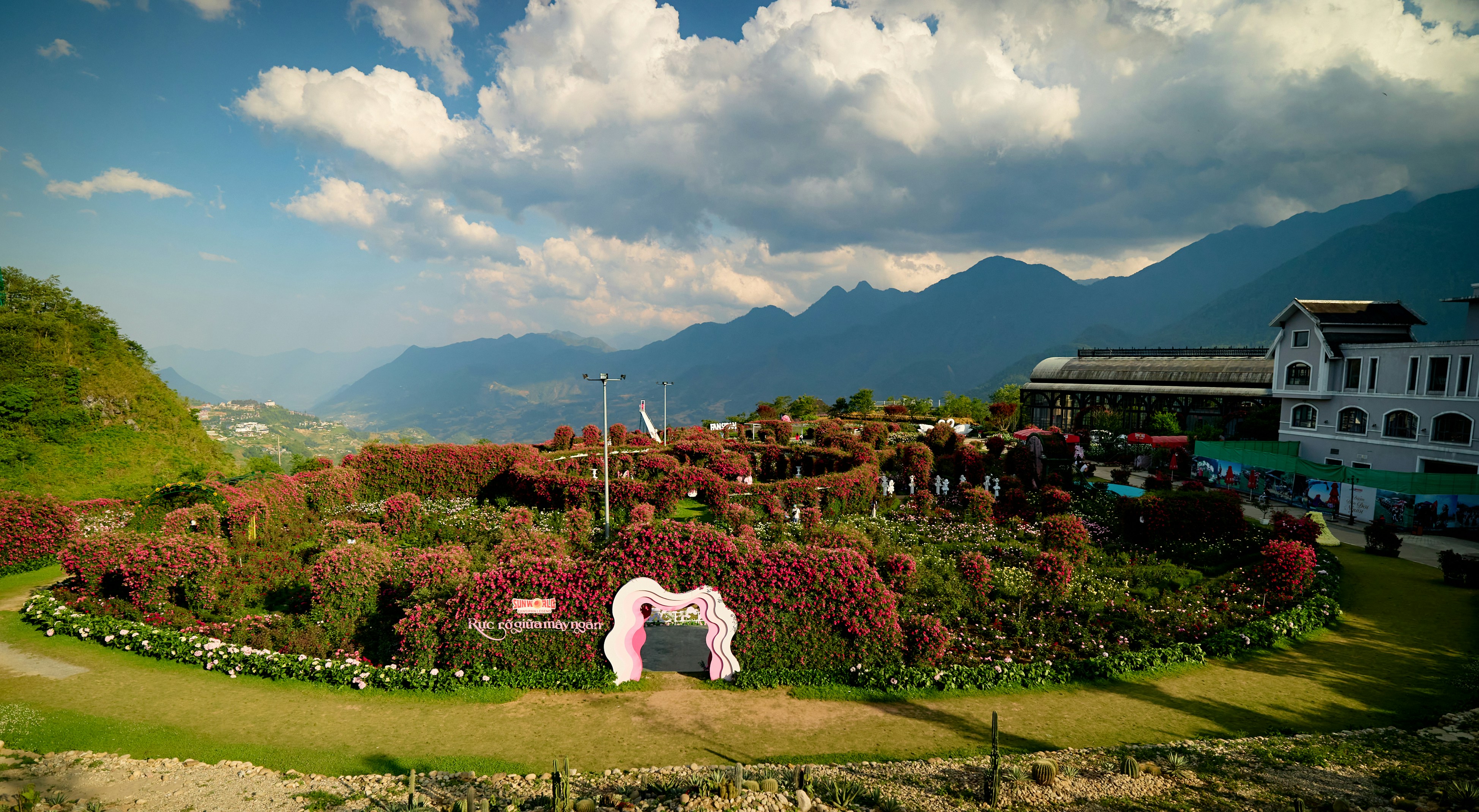 ピンクの花と背景に山々が描かれた庭園