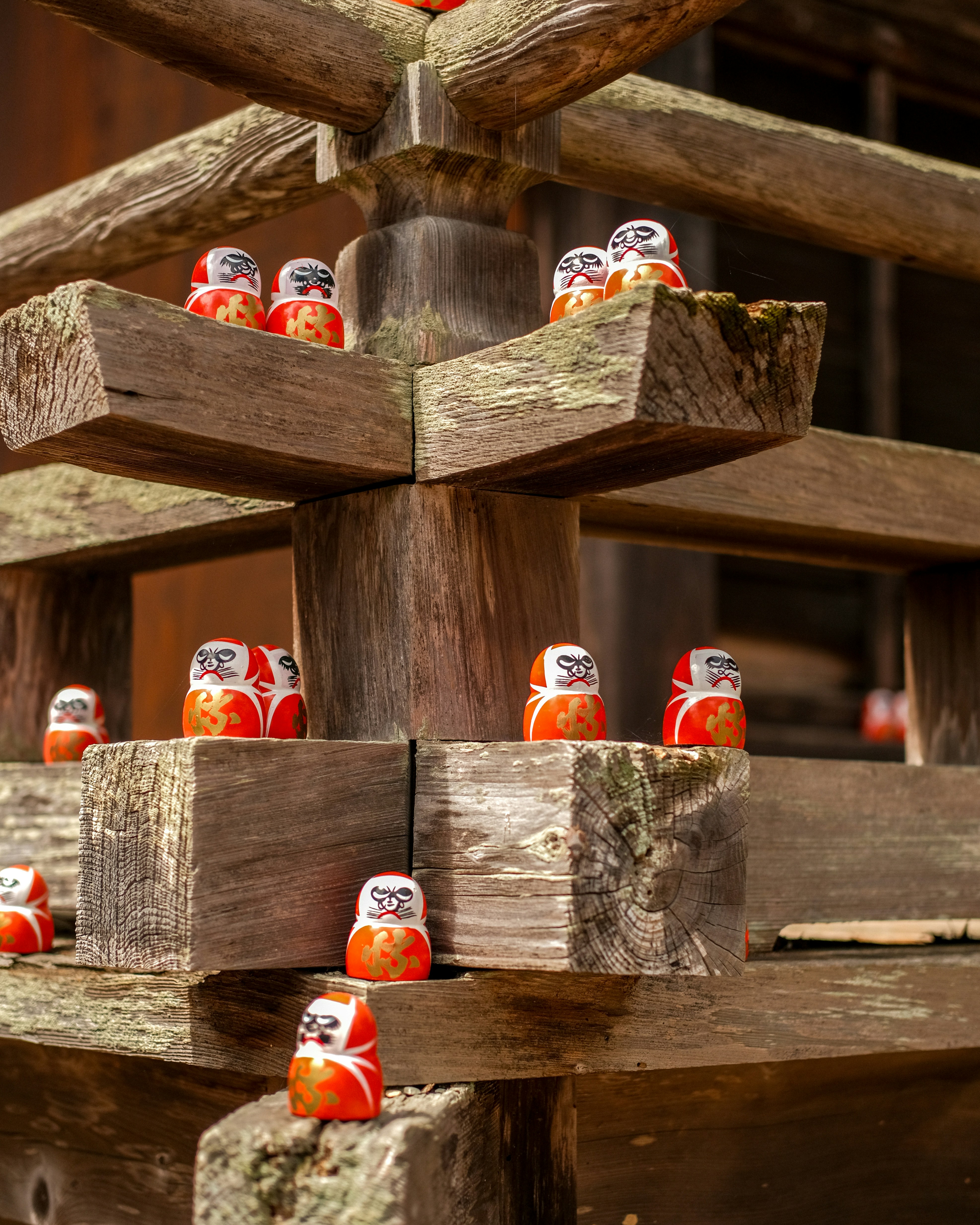 Several small daruma dolls arranged on wooden structure