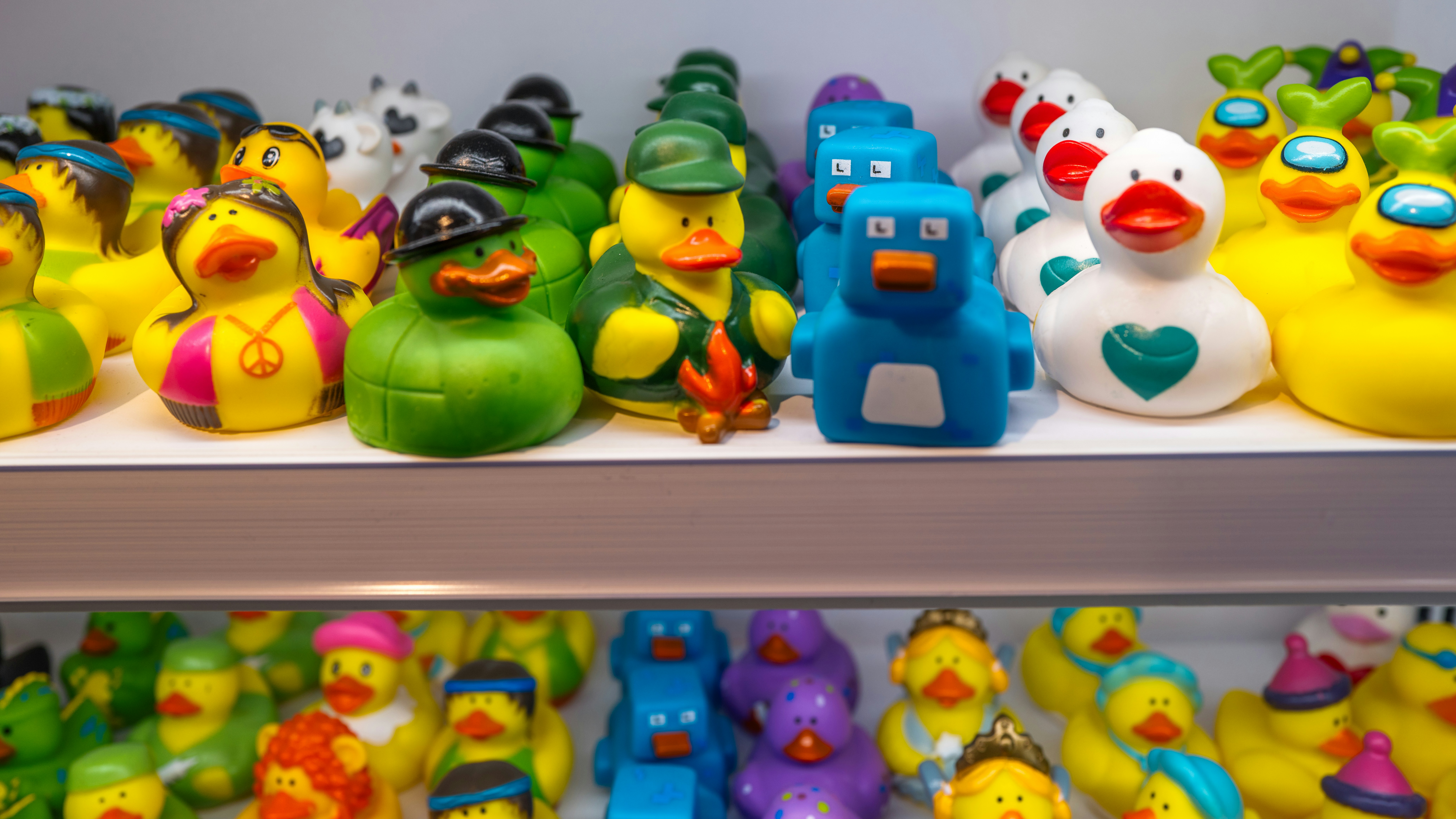 Collezione di anatre colorate di gomma sugli scaffali