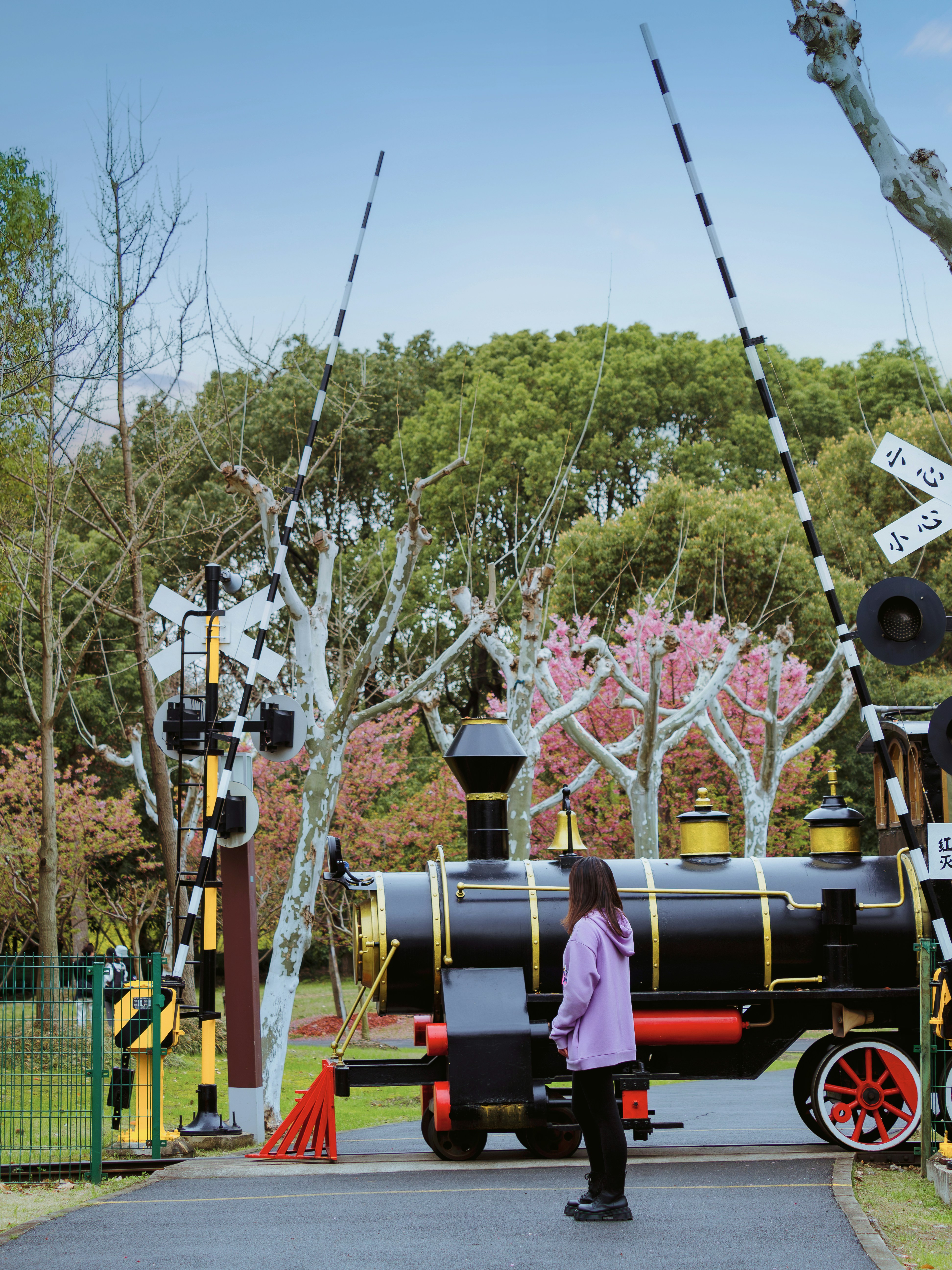 A person stands near a vintage train at a crossing.