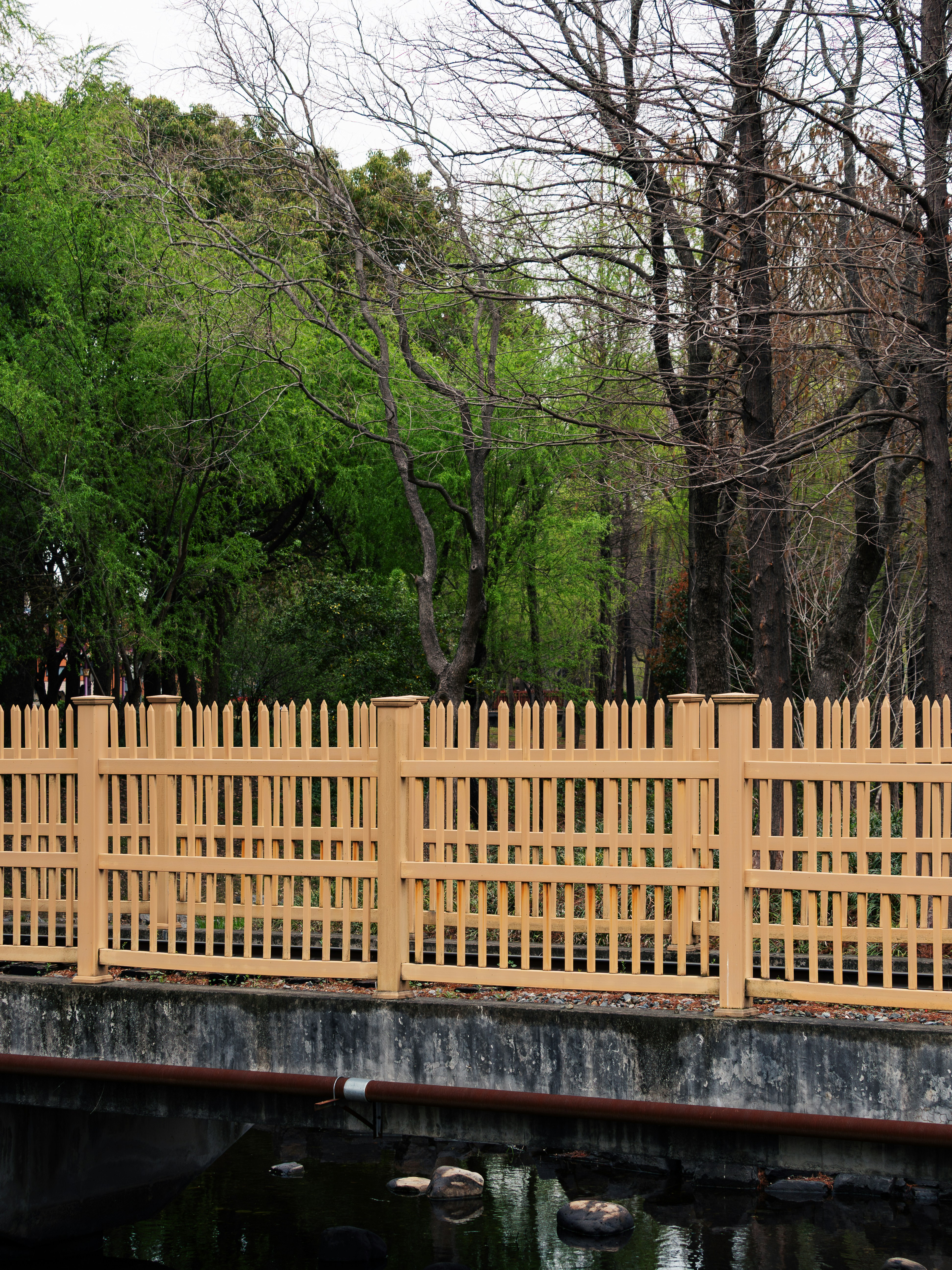 Wooden fence bordering a tranquil body of water
