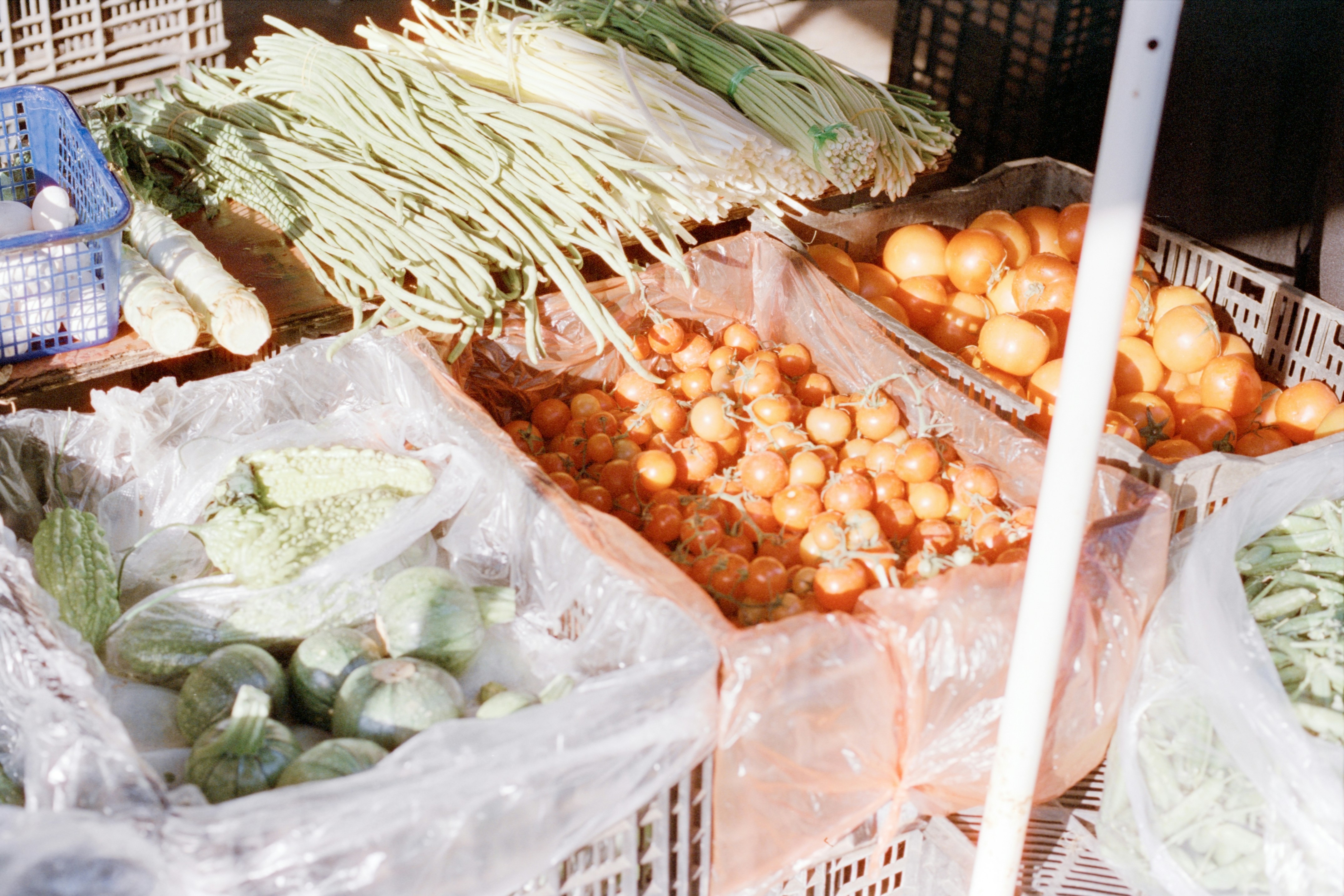 Bagged vegetables and fruit on a market table