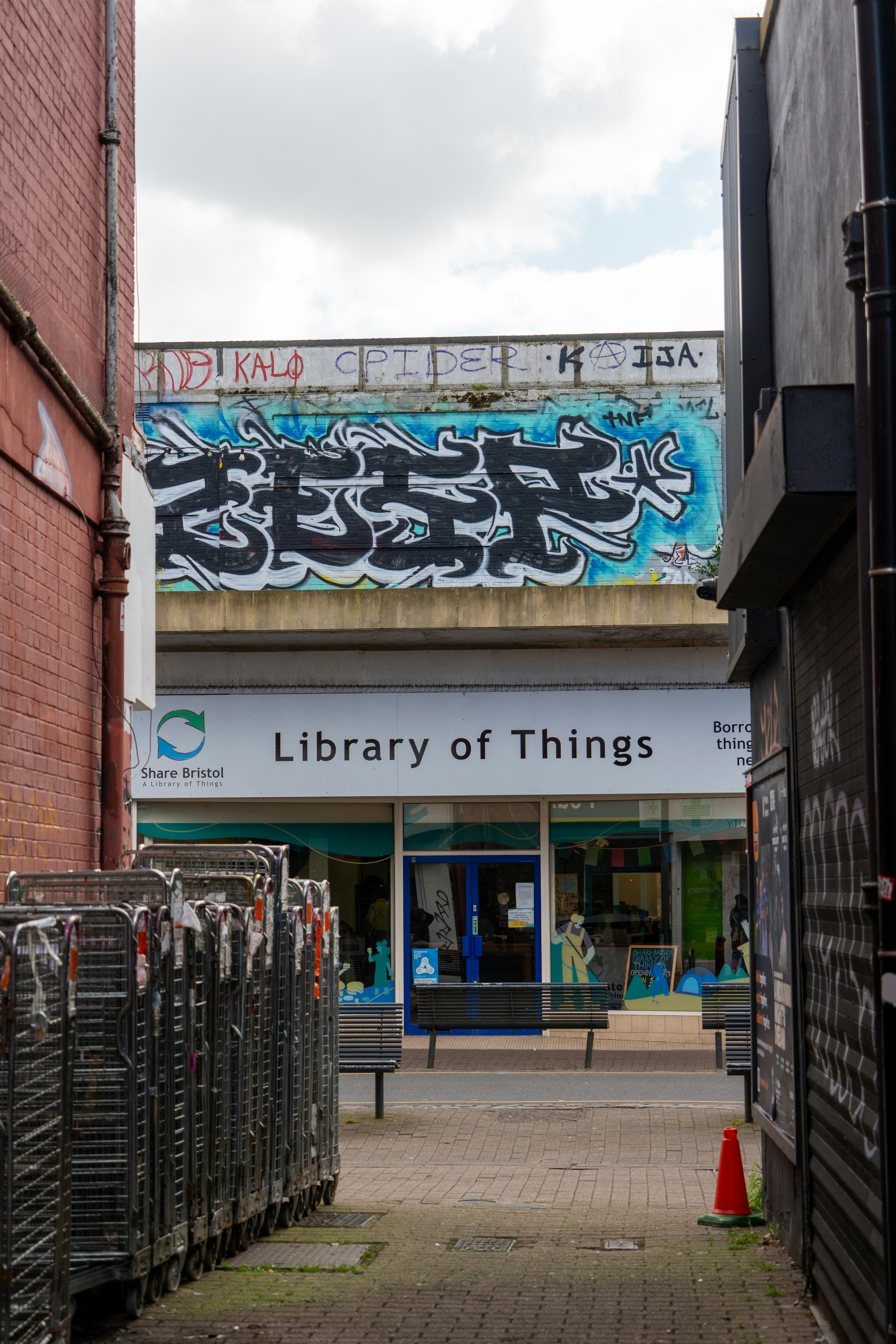 Library of things building with graffiti above