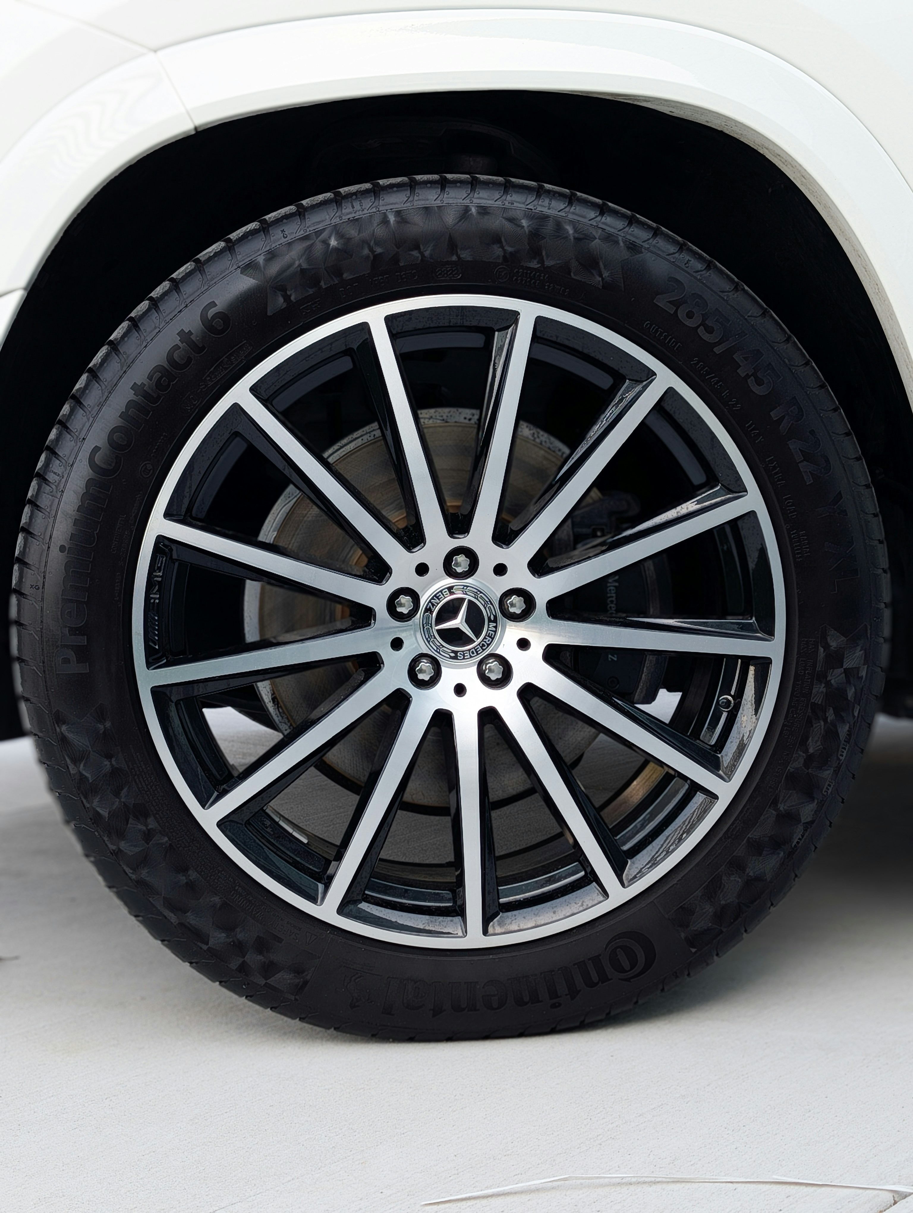 Close-up of a modern car wheel with alloy rims.