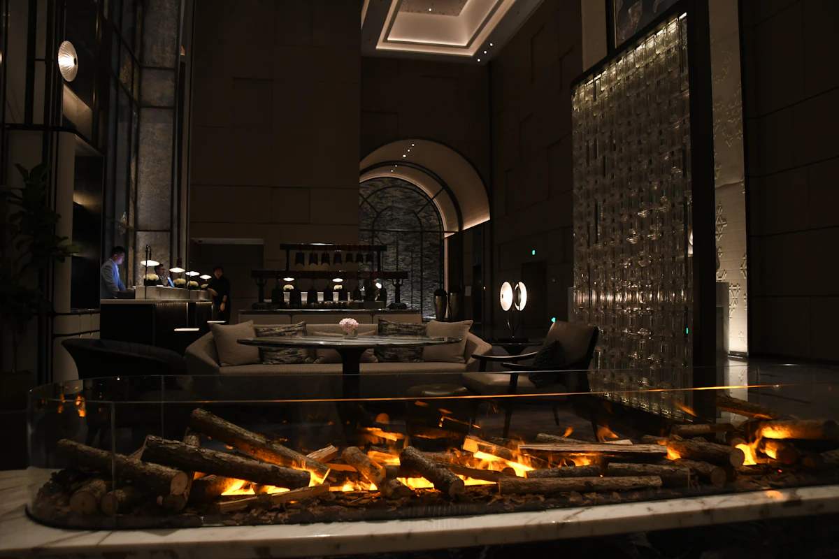 Hotel lounge with fireplace