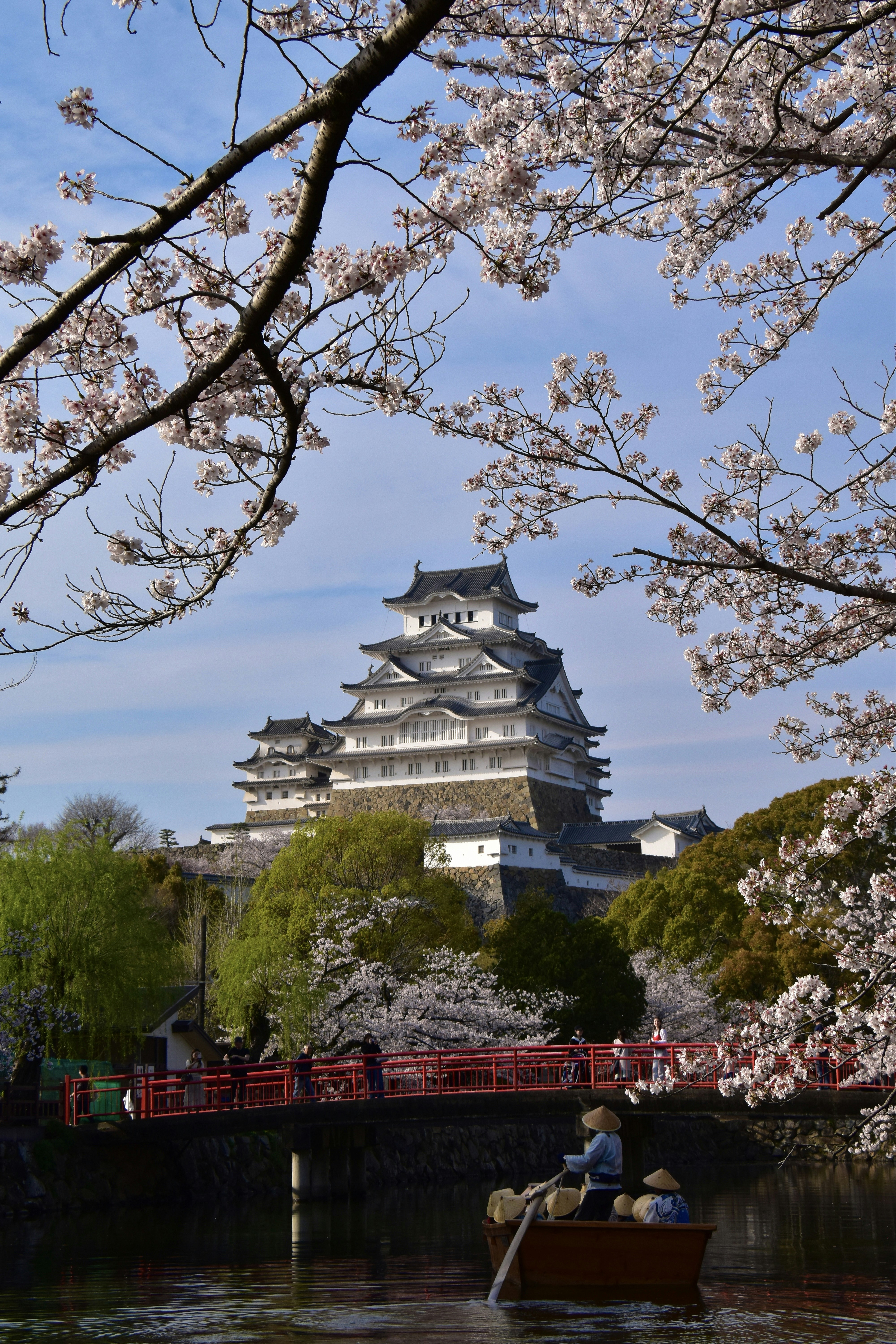 Kastil Jepang dikelilingi oleh bunga sakura dan kanal.