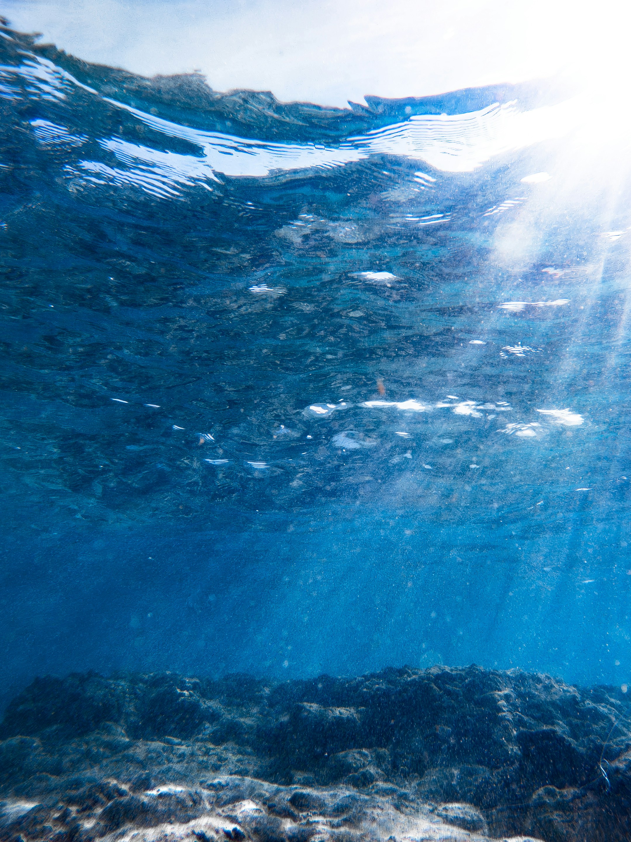 Sunlight streams through ocean surface onto rocky seabed