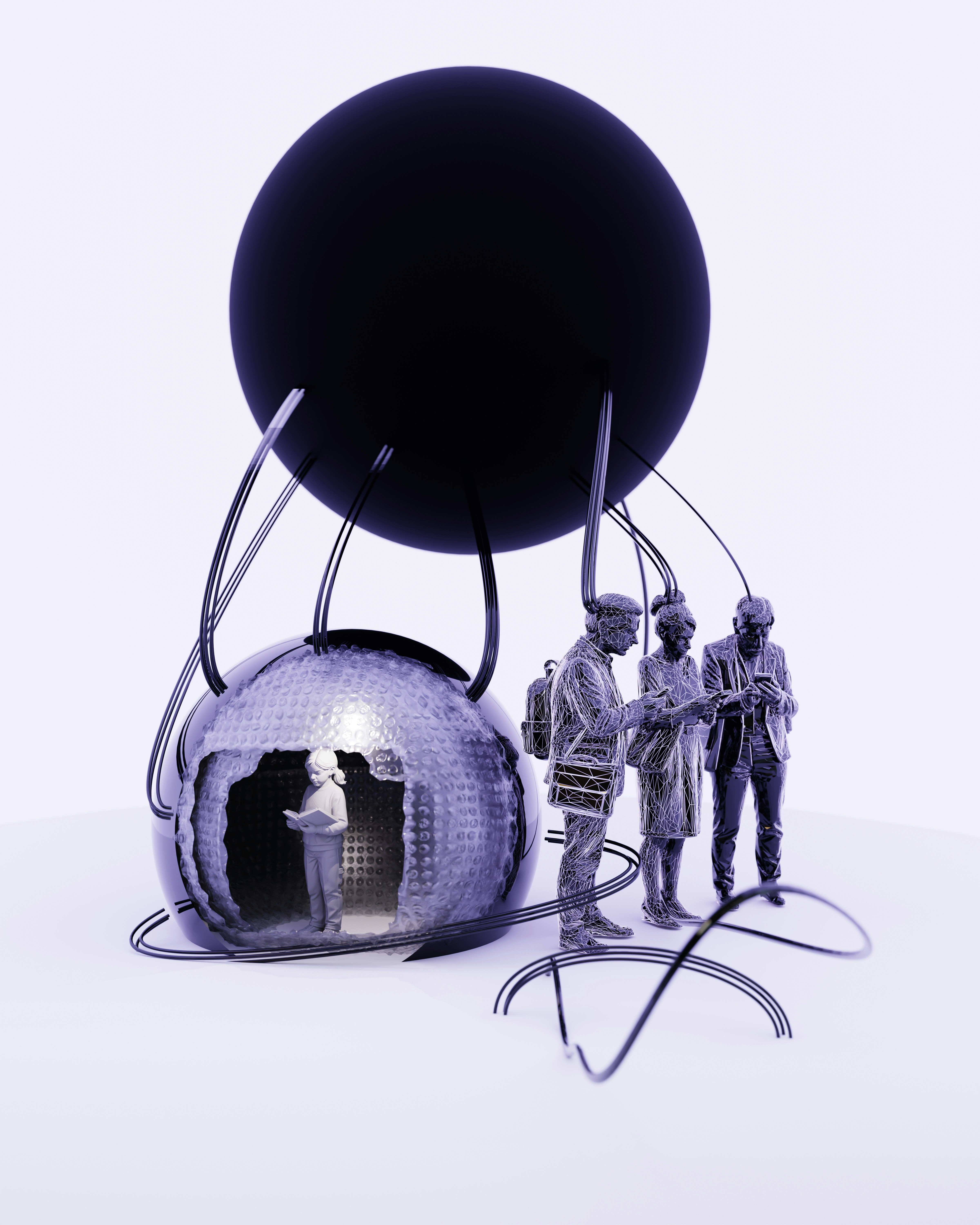 People interact with a futuristic sphere and orb structure