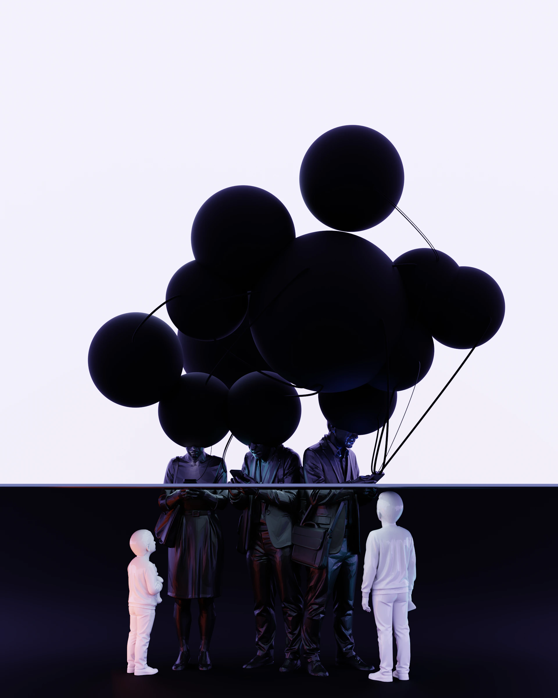 Abstract figures with dark spherical heads reflected below