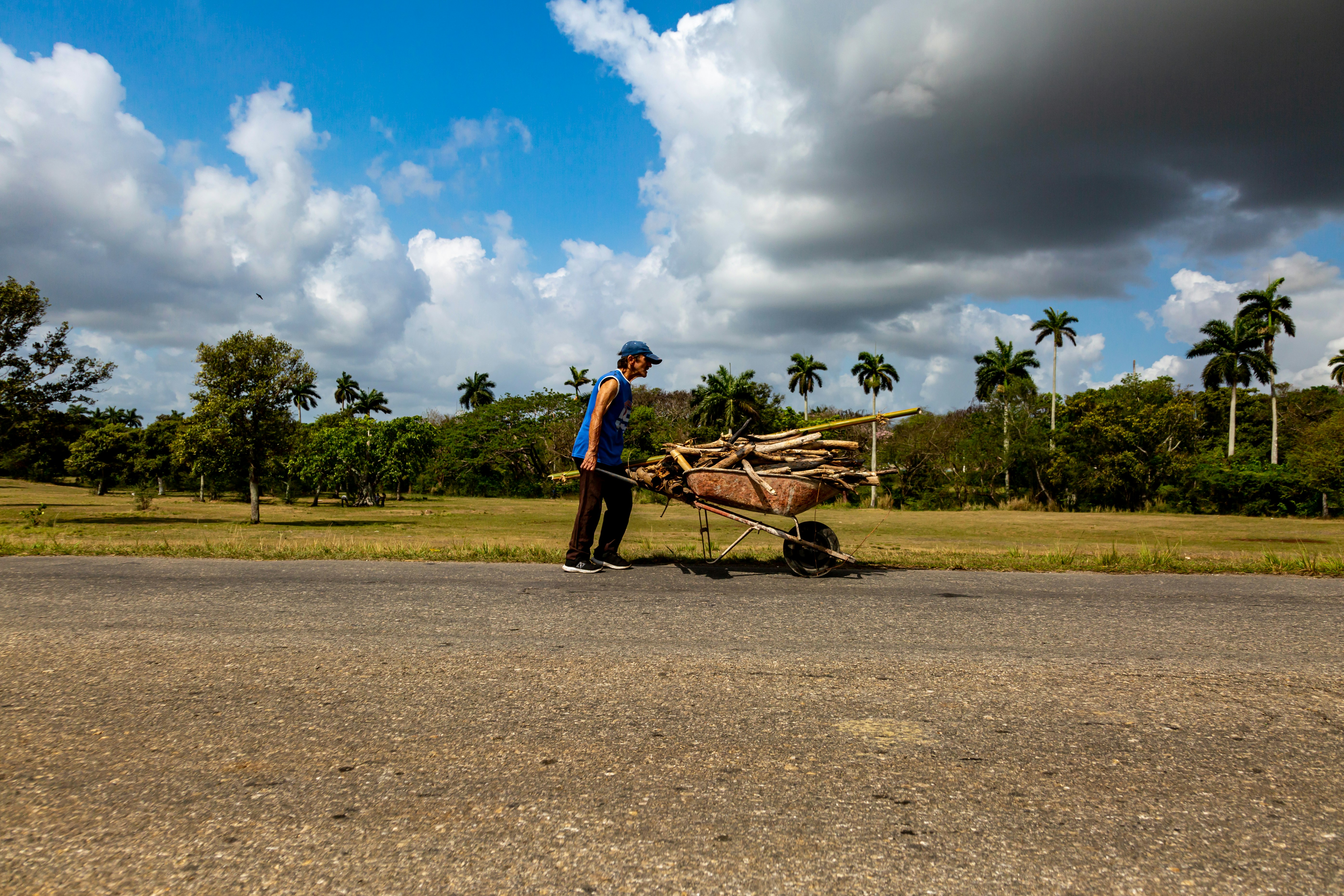 Homme poussant une brouette pleine de bois sur la route