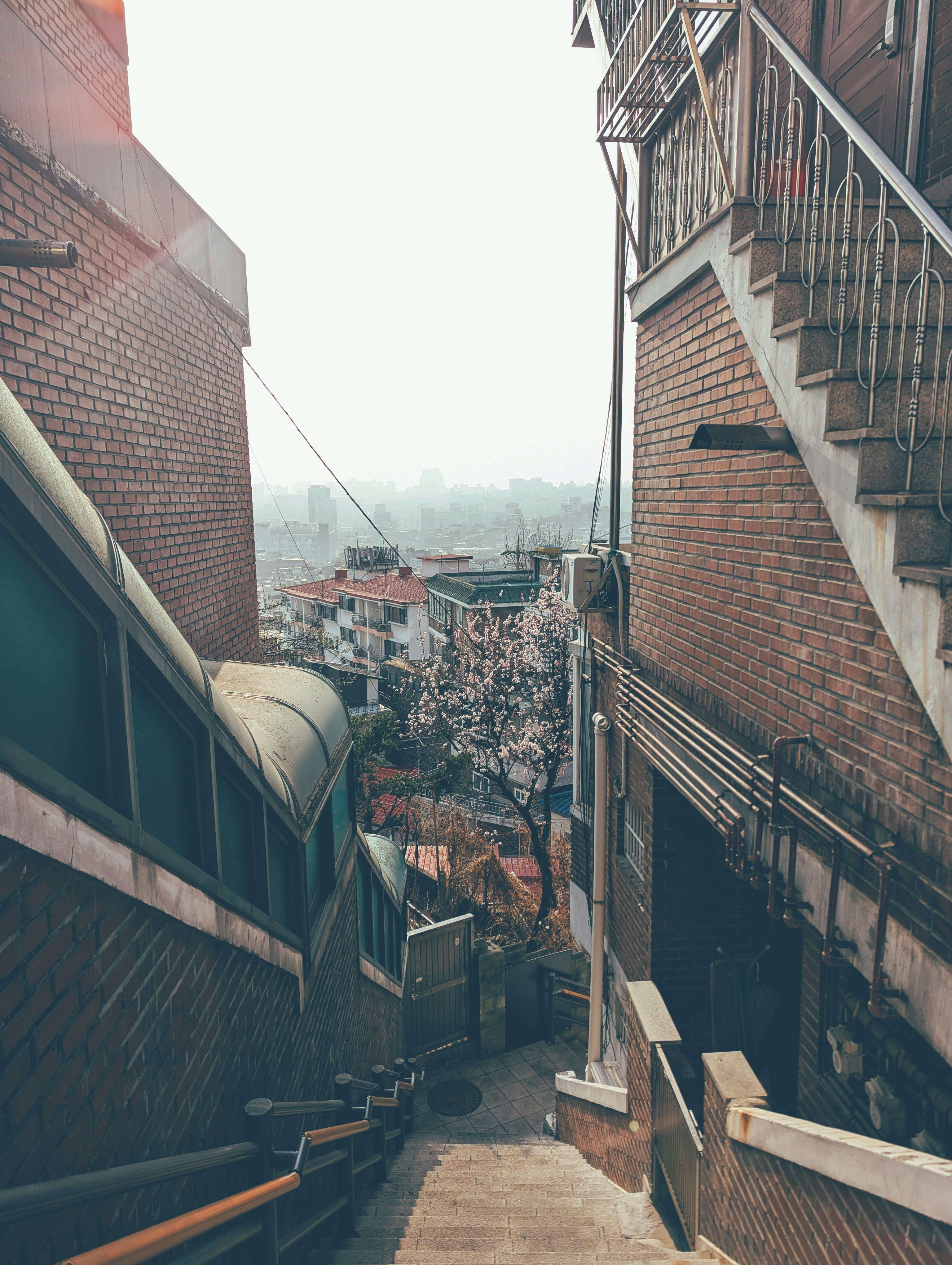 Steep outdoor staircase between brick buildings leading down.