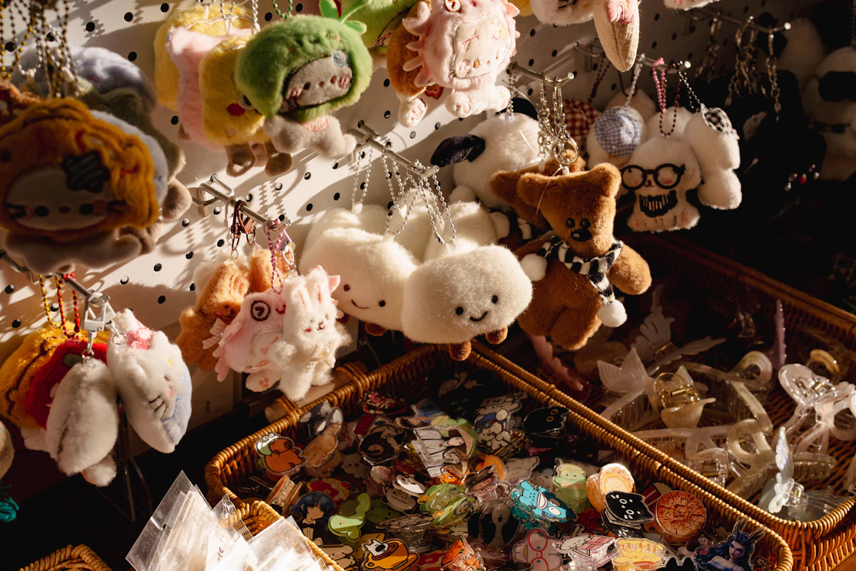 An assortment of blind-box collectible characters and plush trinkets