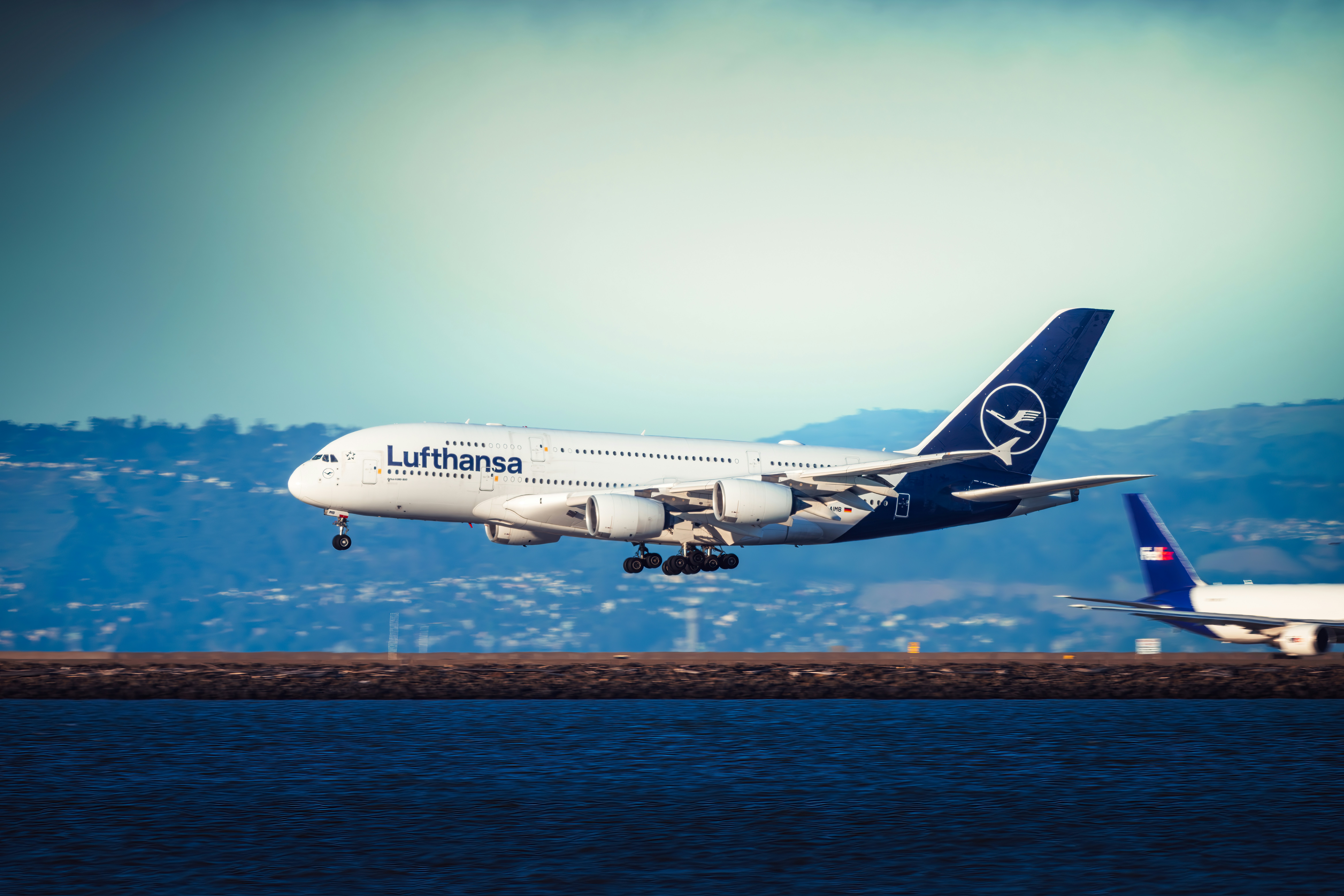 Lufthansa Airbus A380 from Munich, Germany, landing on Runway 28L at SFO.