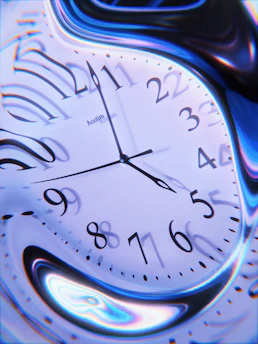Distorted clock face with blue swirling patterns