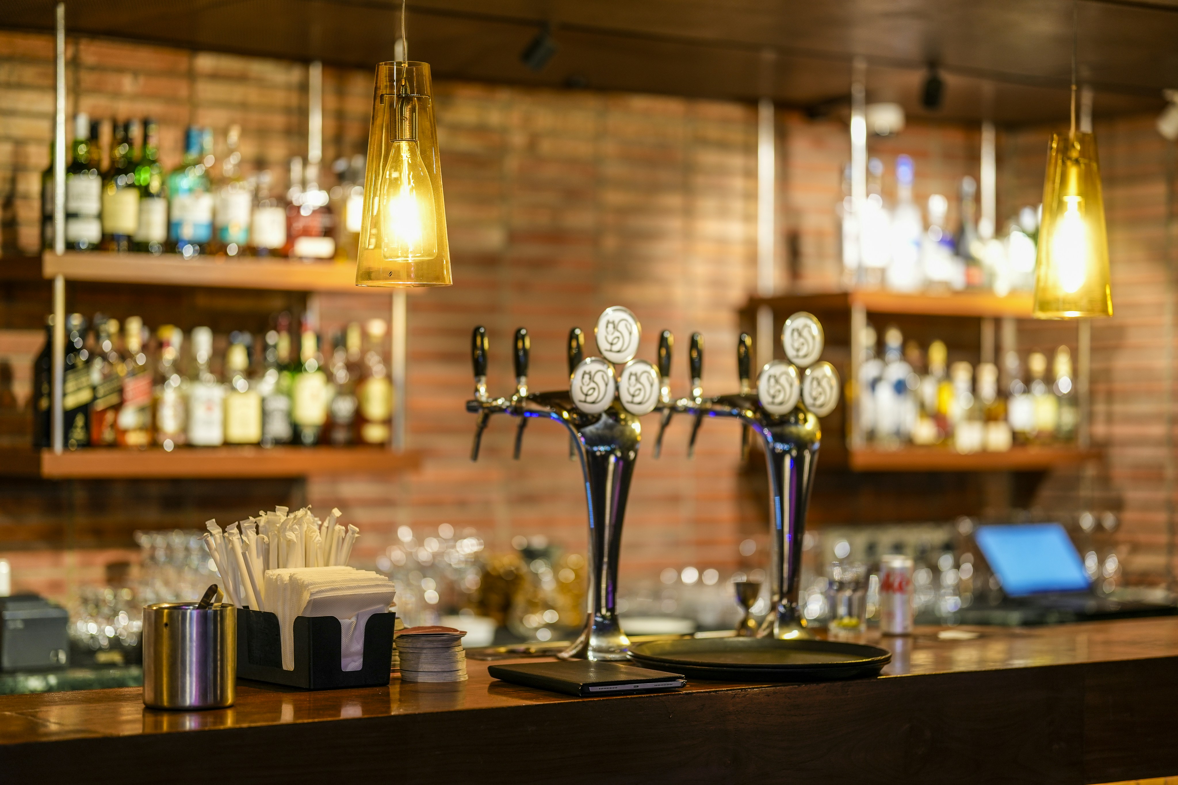 Beer taps and bottles on a bar counter