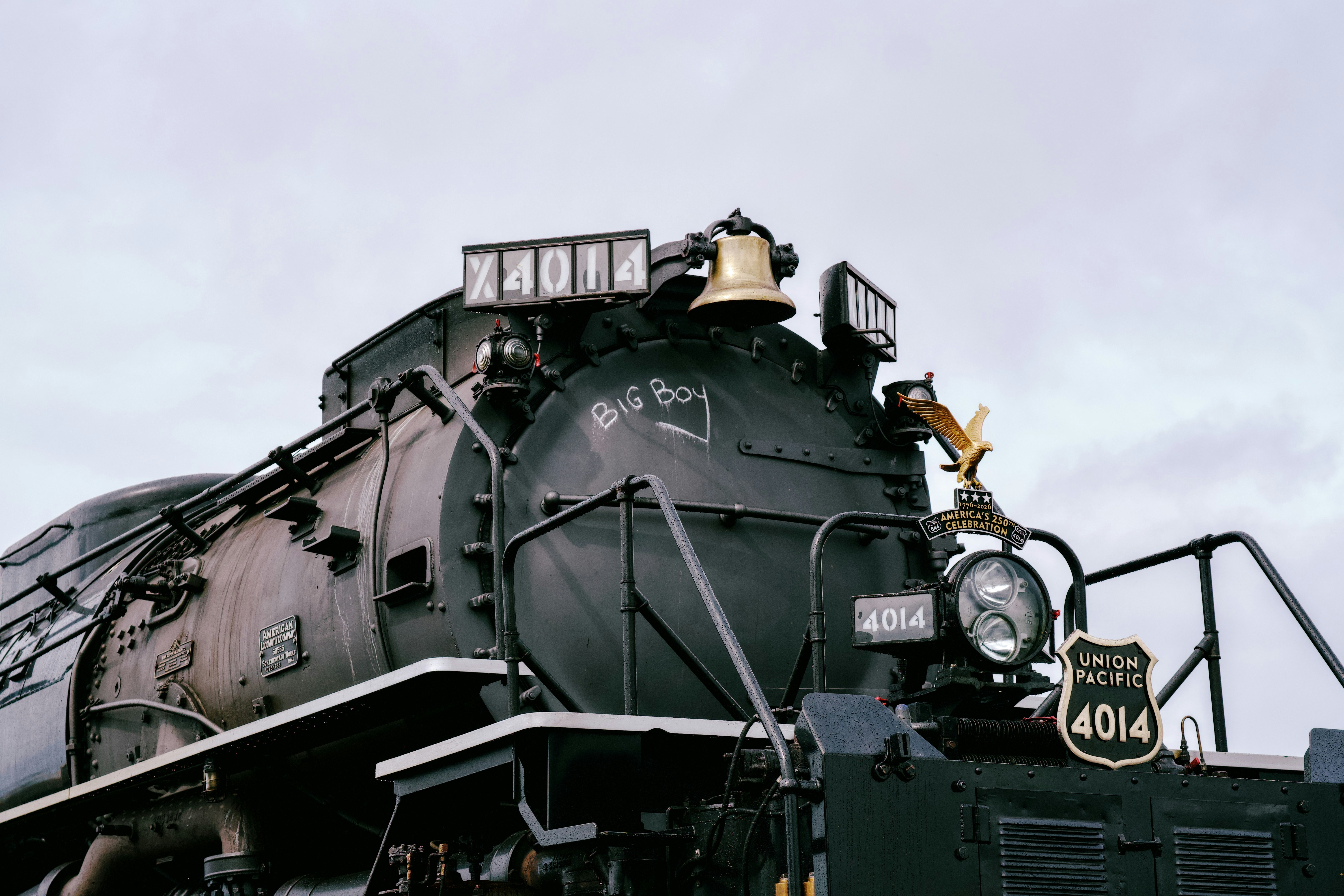Close-up of a vintage steam locomotive's front