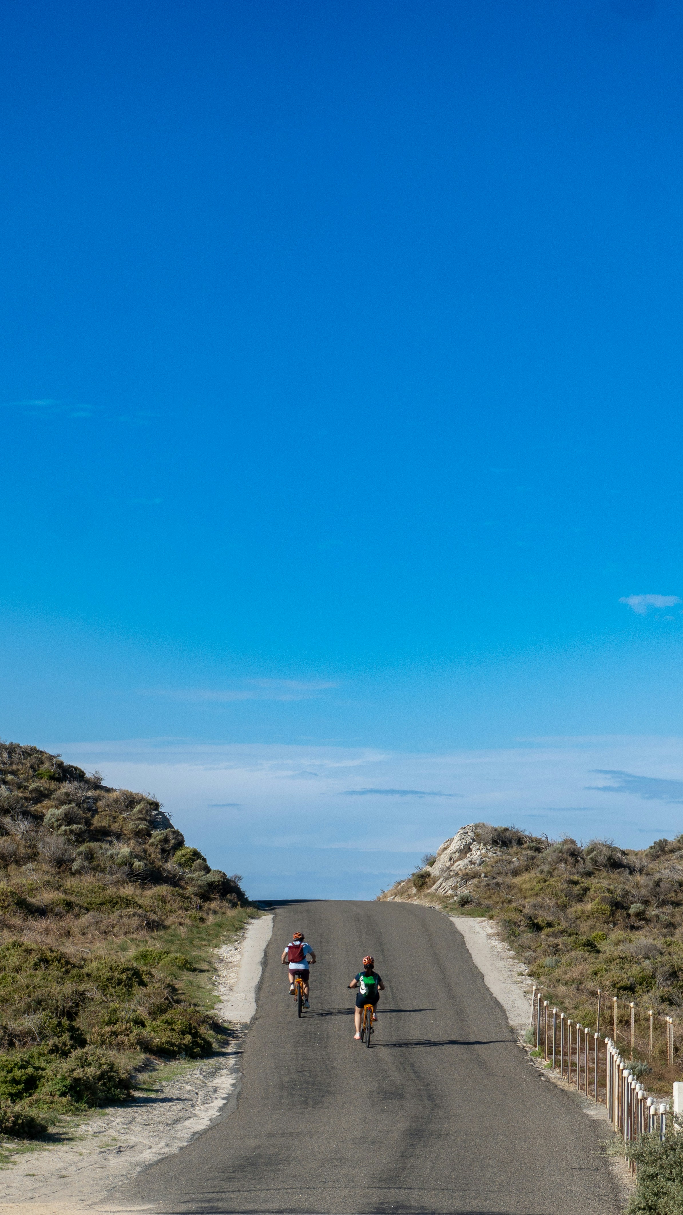 Two cyclists ride up a hill on a sunny day.