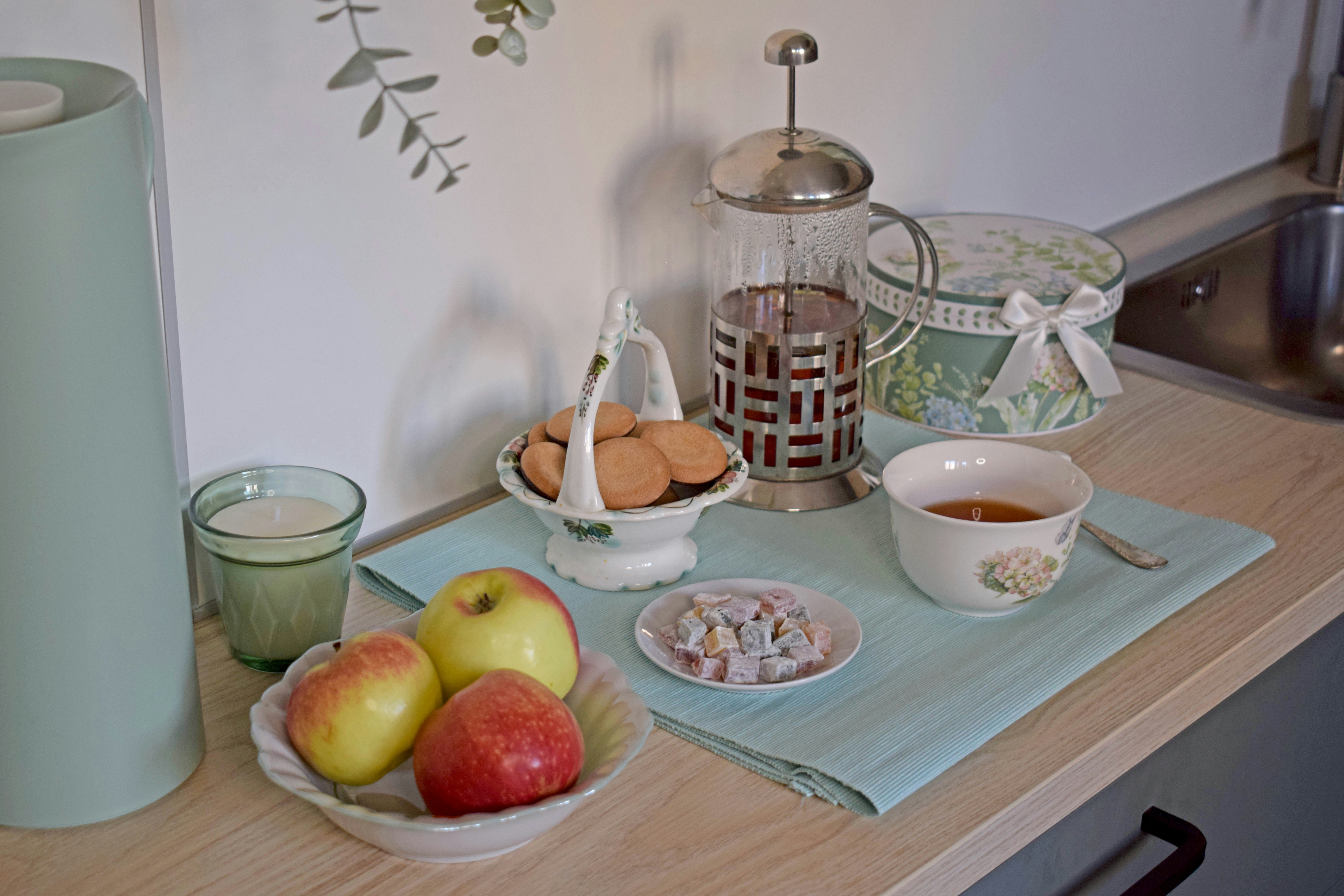 A still life of breakfast items on a counter