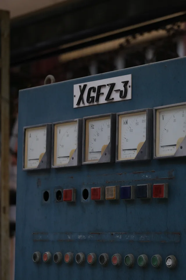 Blue industrial control panel with gauges and buttons