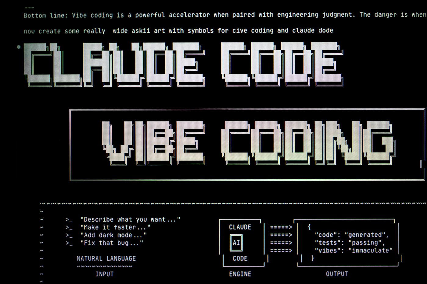 ASCII art reading Claude Code and vibe coding on a dark screen