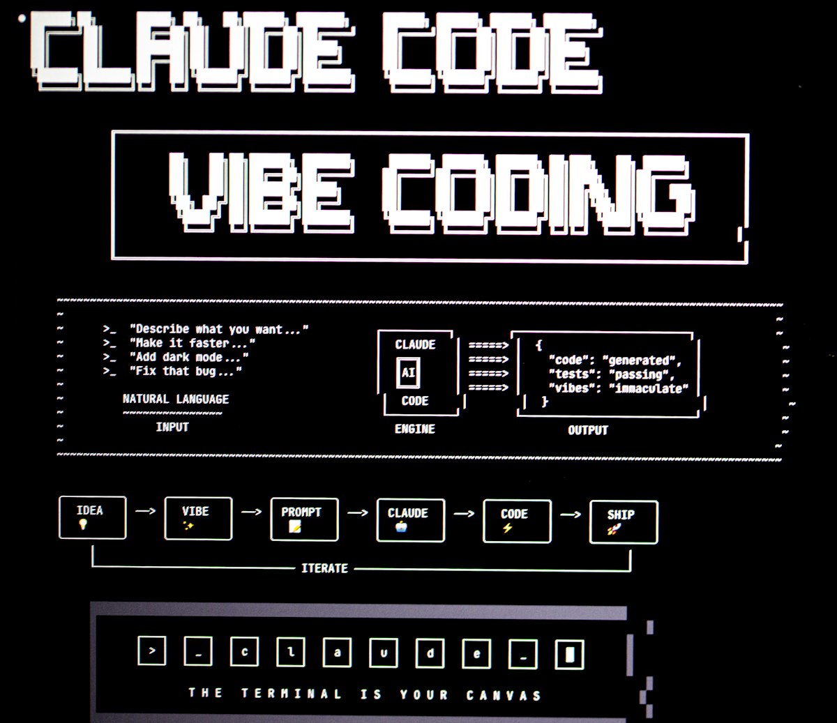 Claude Code programming workflow diagram on dark terminal-style background