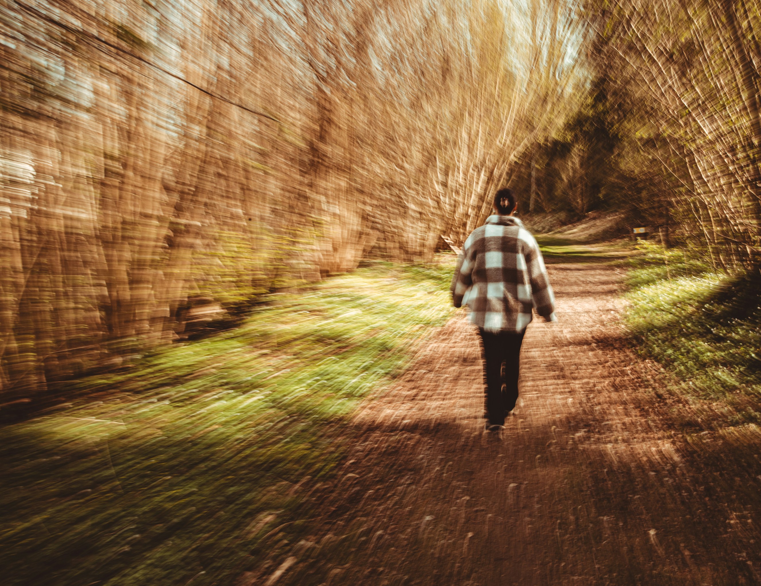 Die Person geht einen verschwommenen Waldweg entlang.