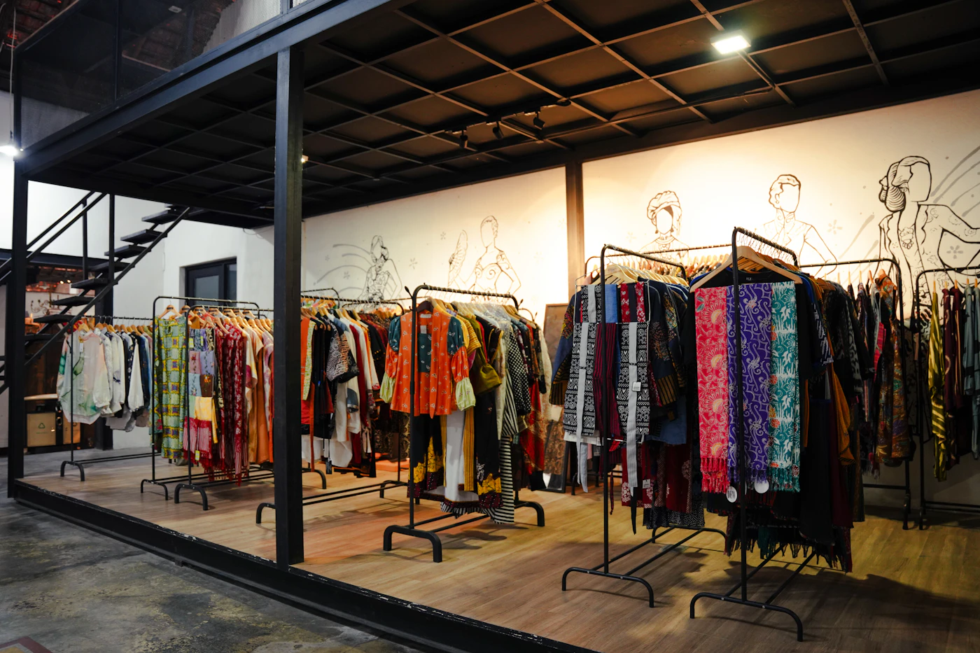 A styled clothing store interior with full racks