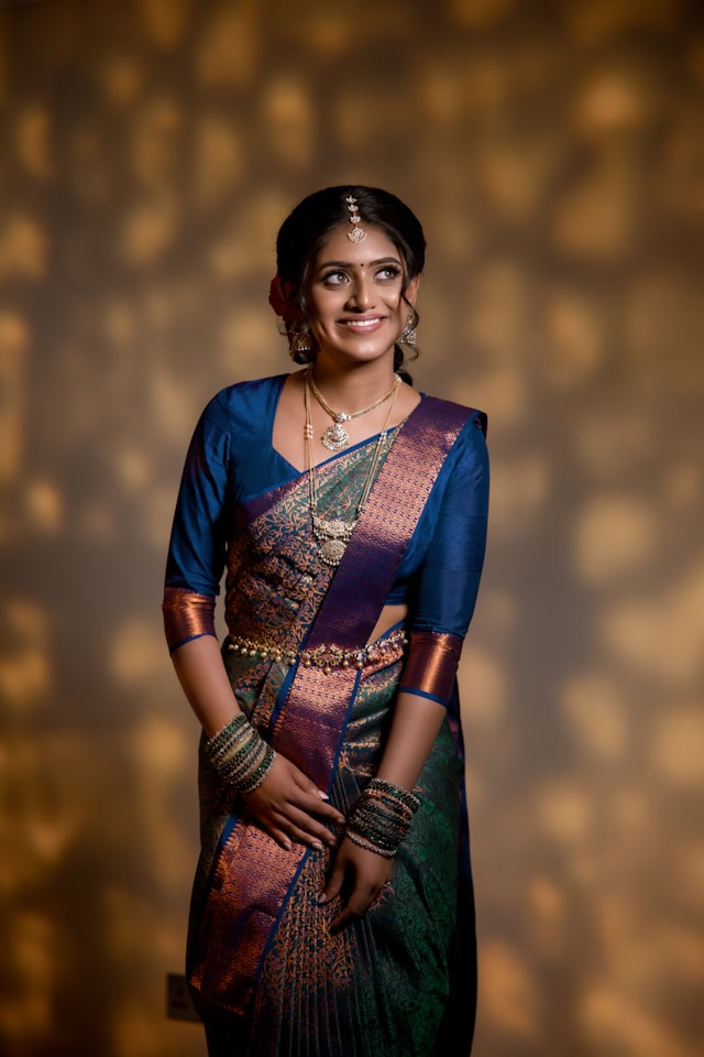 Deep midnight blue silk Banarasi saree with gold zari pallu