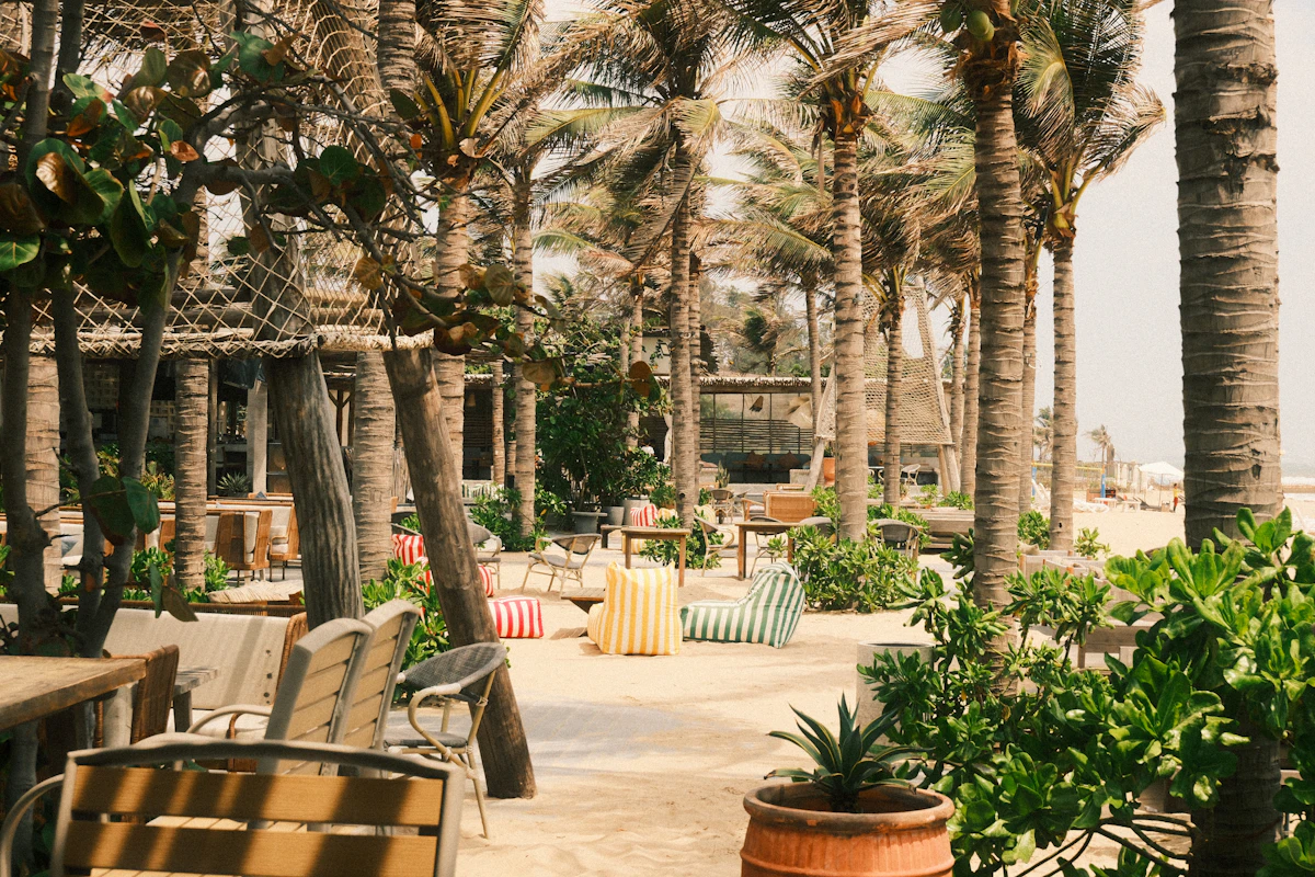 A tropical beach resort with palm trees and seating areas