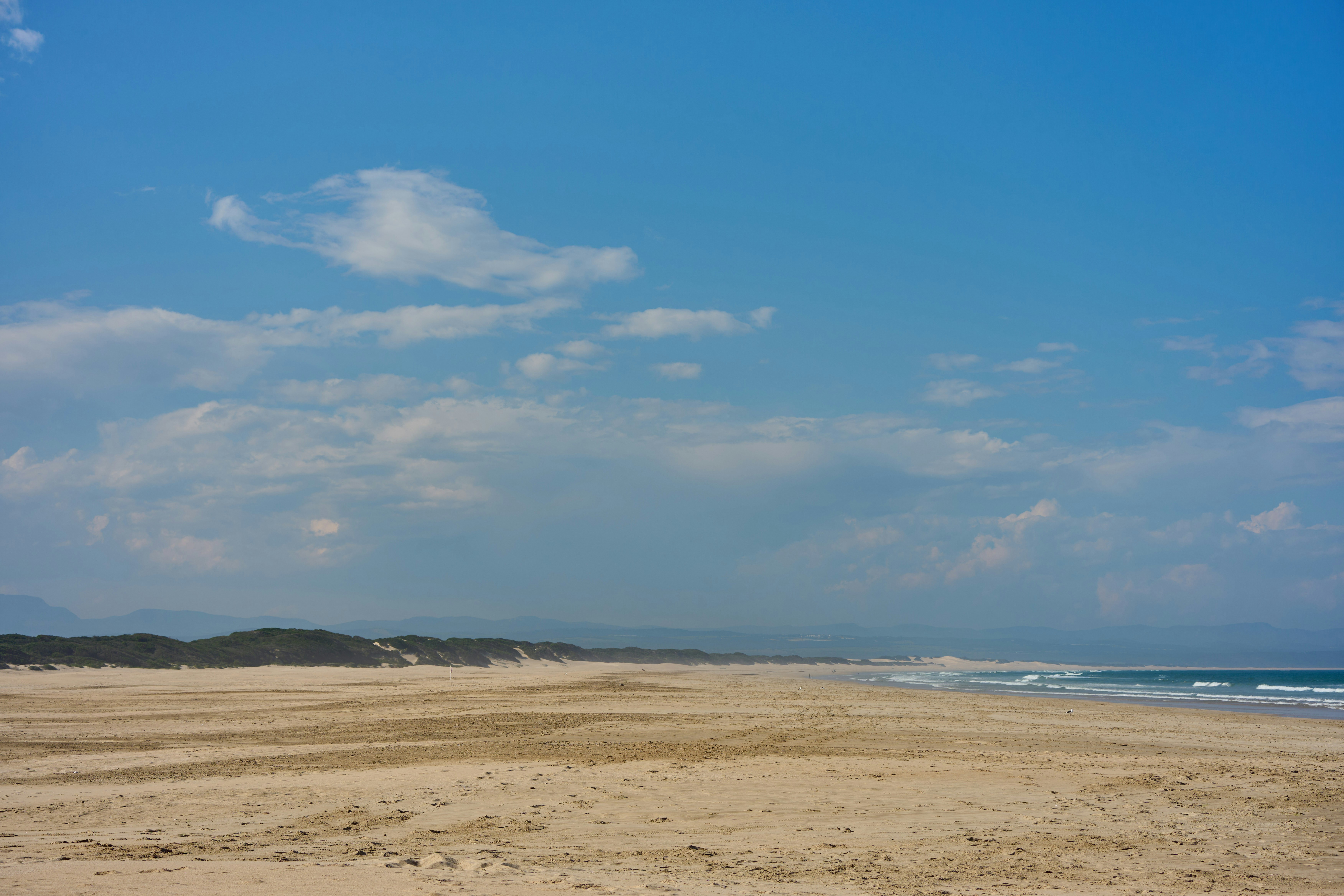 푸른 하늘 아래 구릉진 모래언덕이 있는 모래사장.