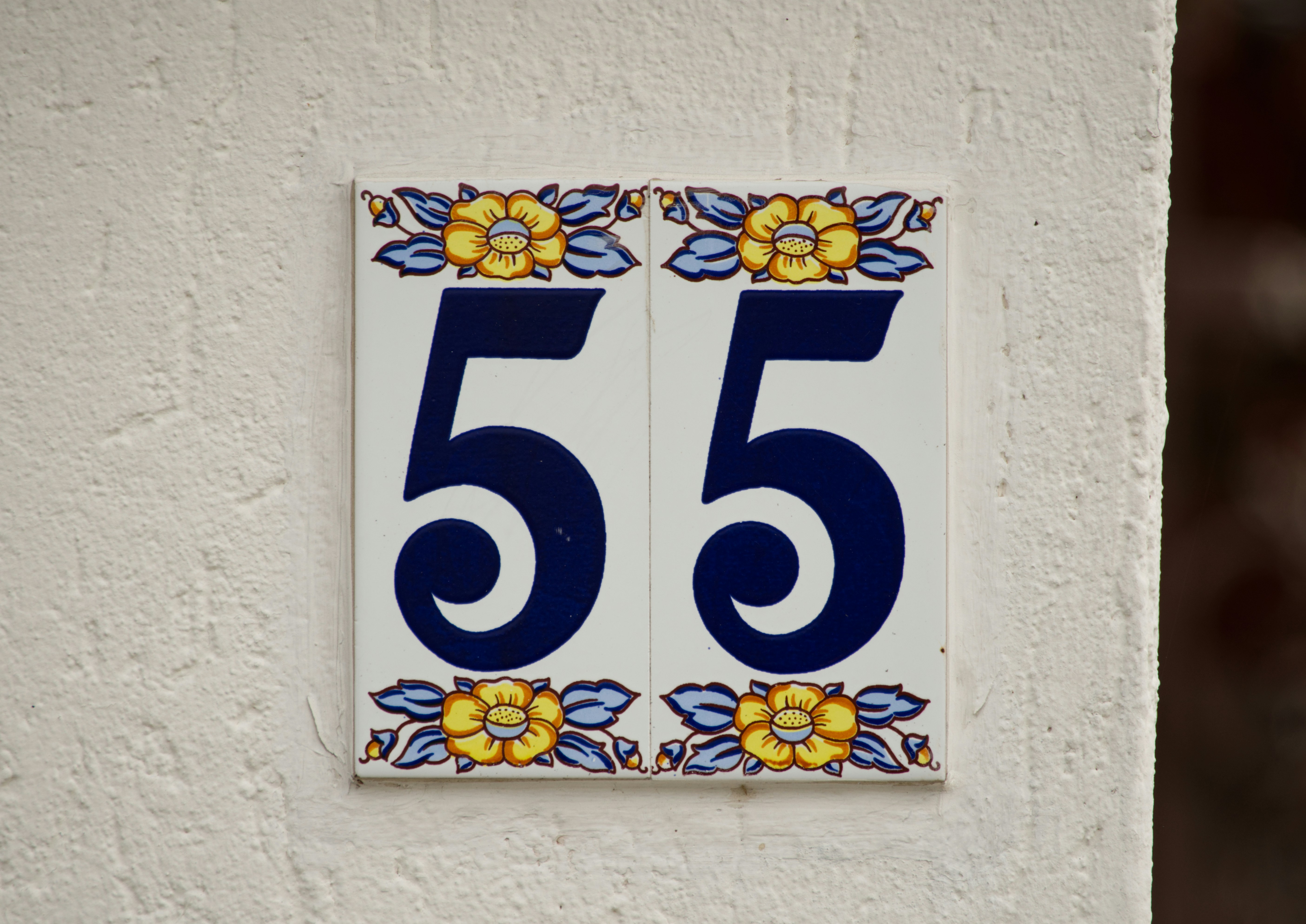 Decorative house number 55 on tiled surface.