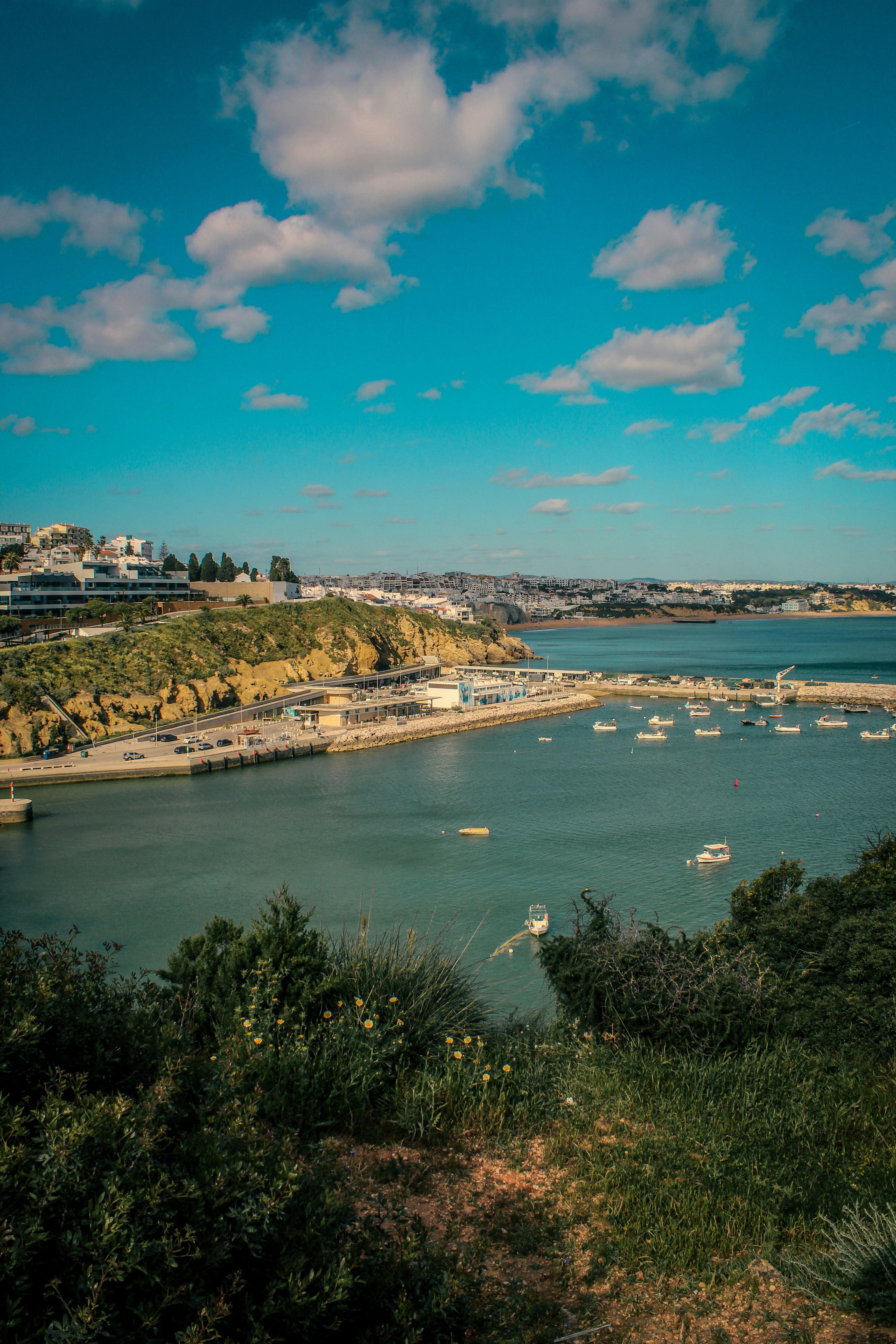 Bateaux amarrés dans un port ayant un fond de ville côtière