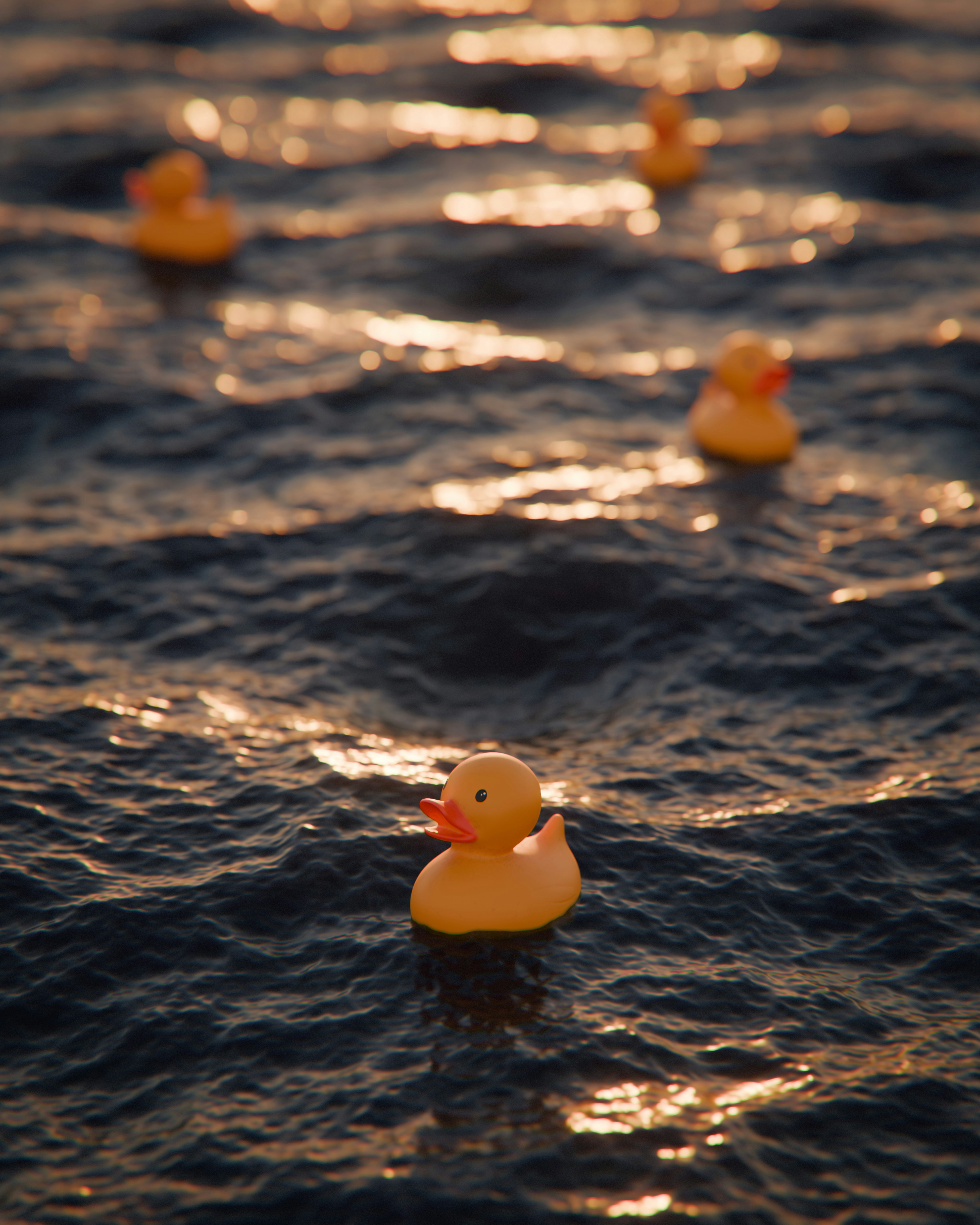 Several rubber ducks floating on wavy water