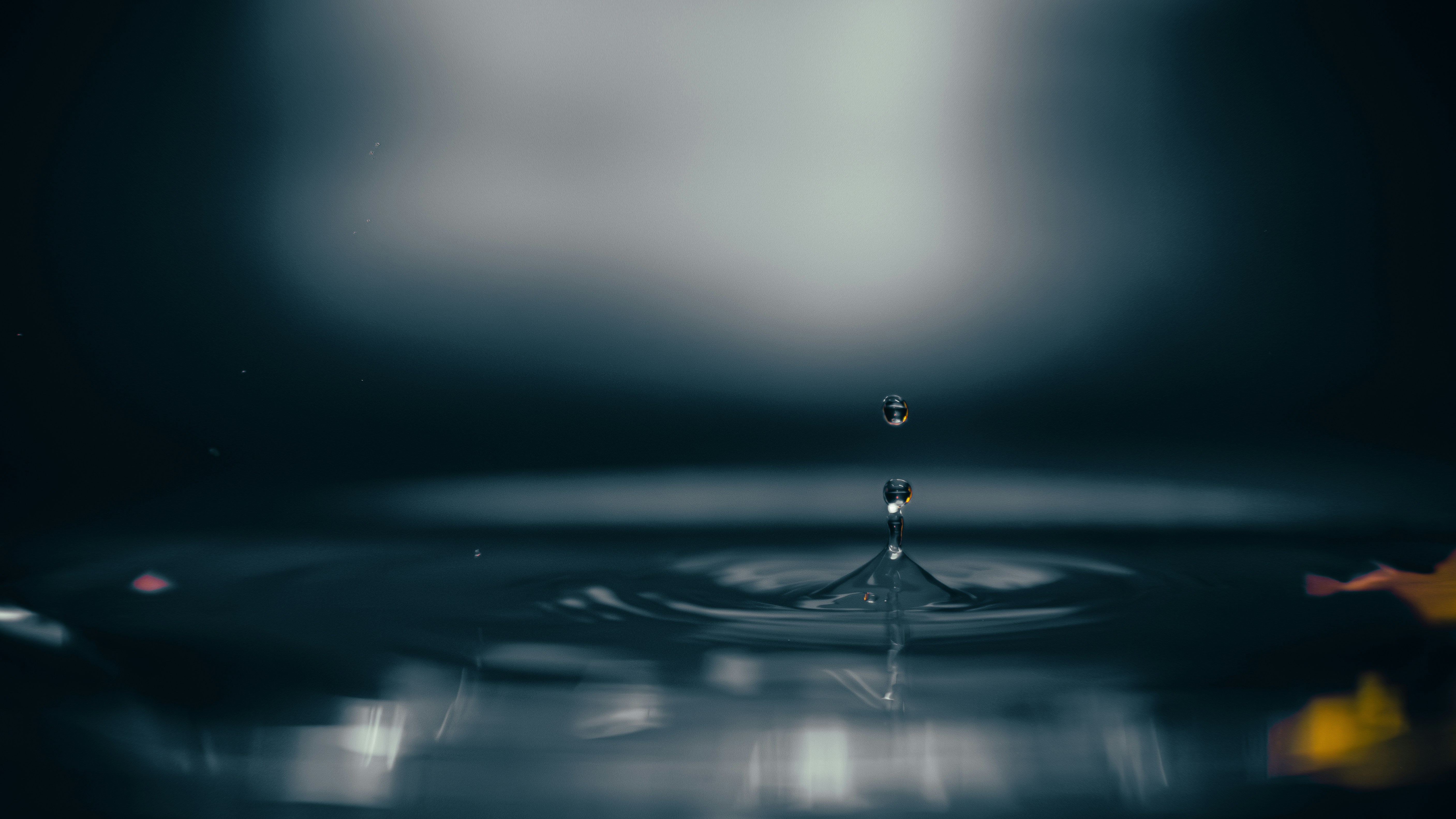 Ein einzelner Wassertropfen, der in ruhiges Wasser fällt