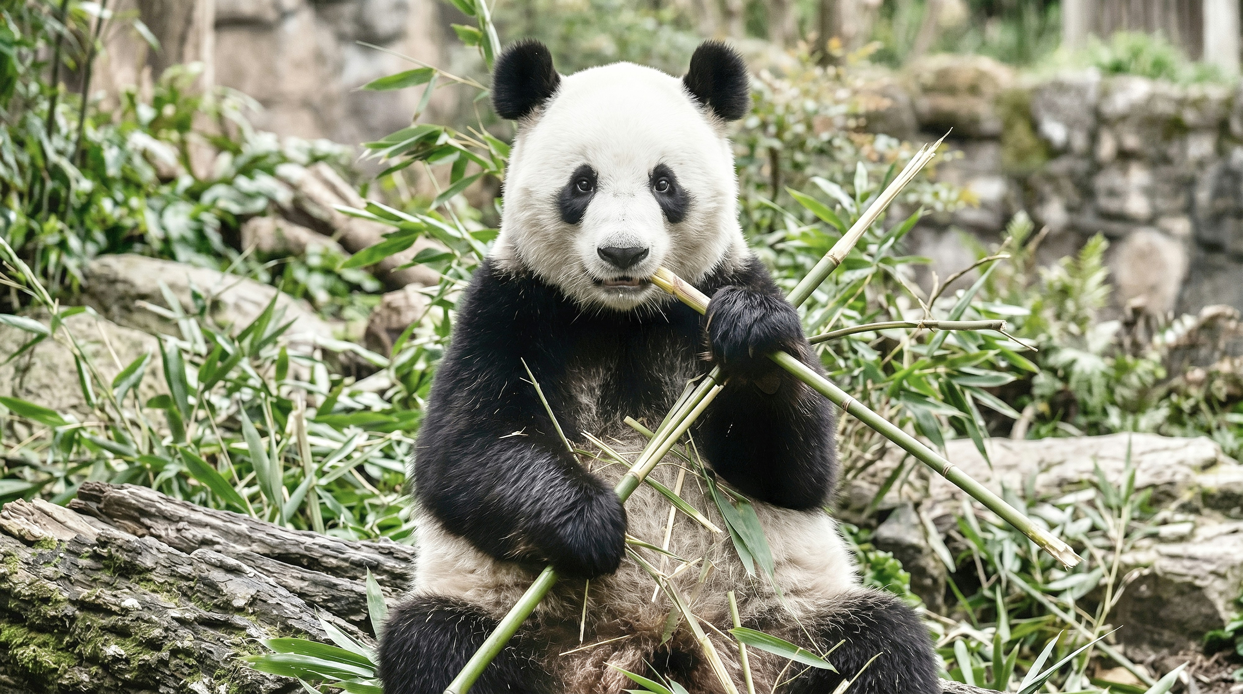 A panda sits and eats bamboo in a forest.