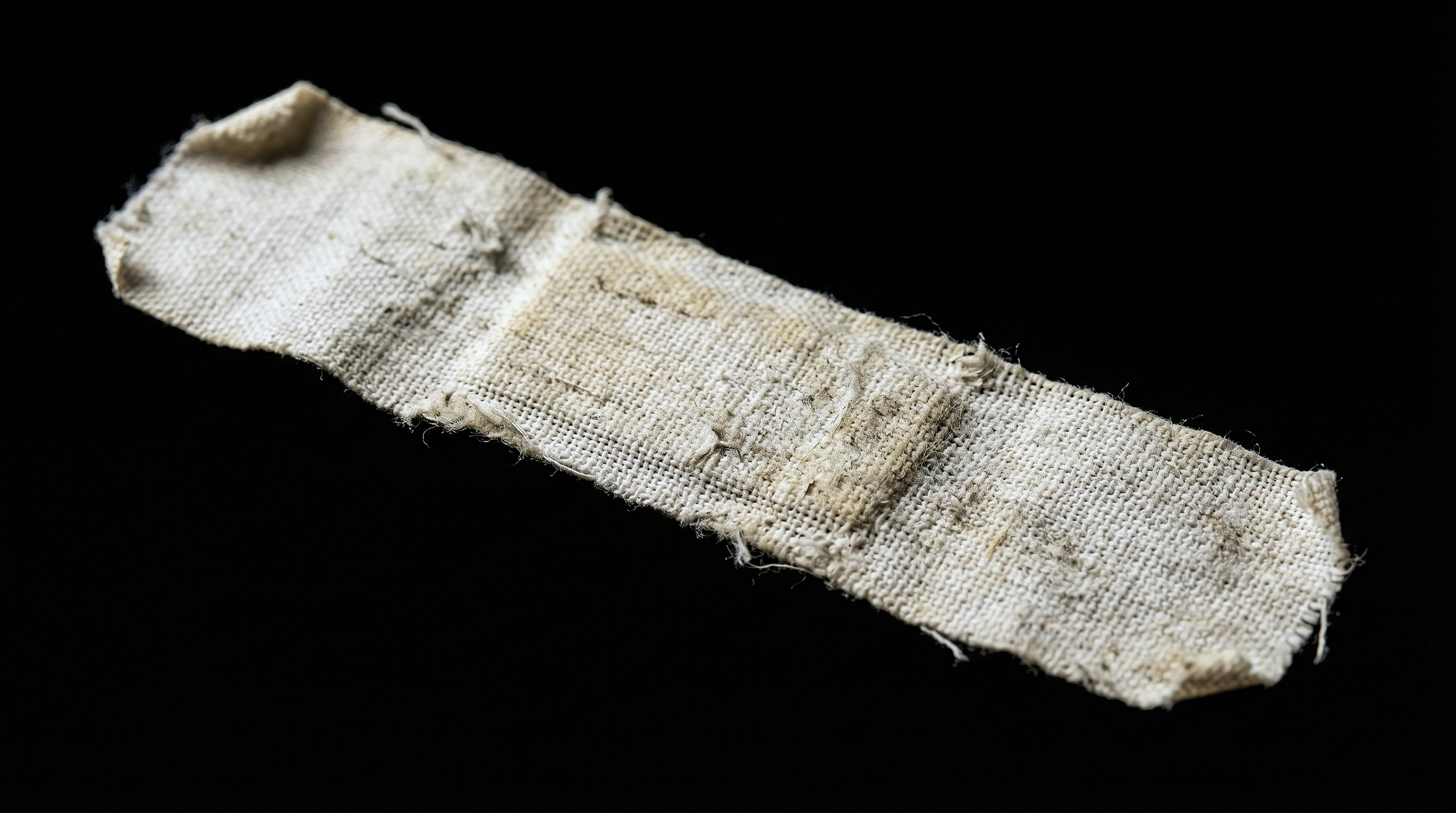 A used, dirty bandage on a black background