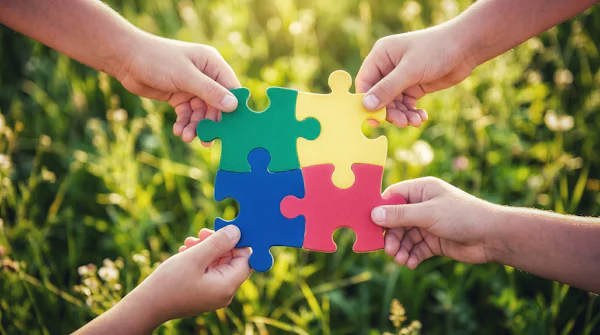 Manos conectando piezas de rompecabezas de colores, símbolo del autismo