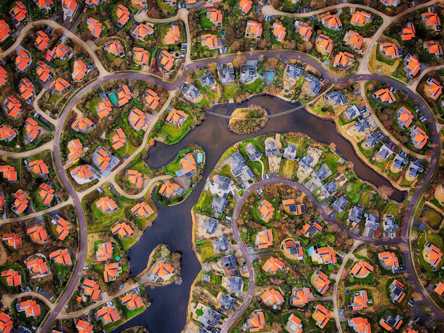 Aerial view of residential homes